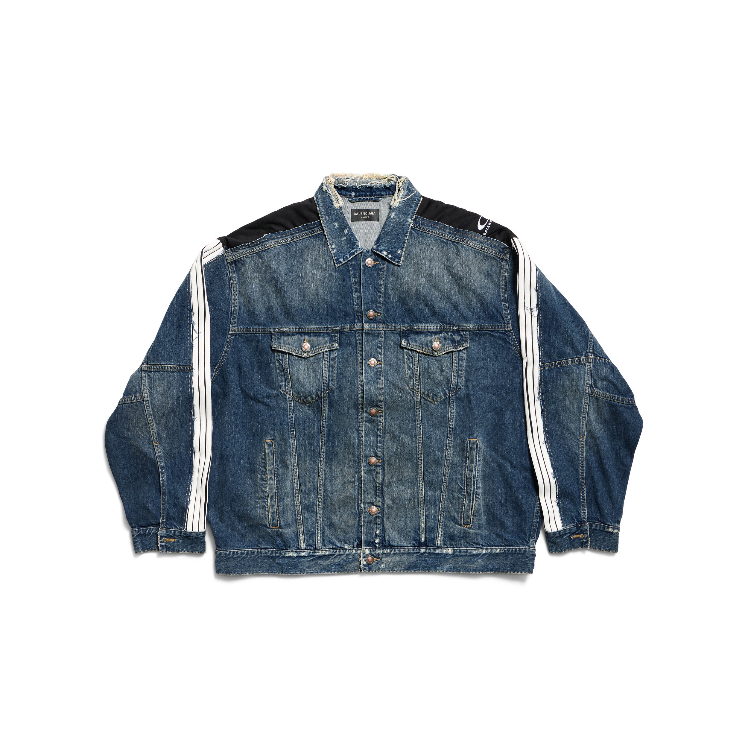 Balenciaga CUT- UP Men's Spring/fall Fashion Casual Washed Vintage Knit Fabric Lapel Single Breasted Denim Jacket With Zipper Or Button Closure Pair With Relaxed Fit Slouchy Jeans Suit Set #79511