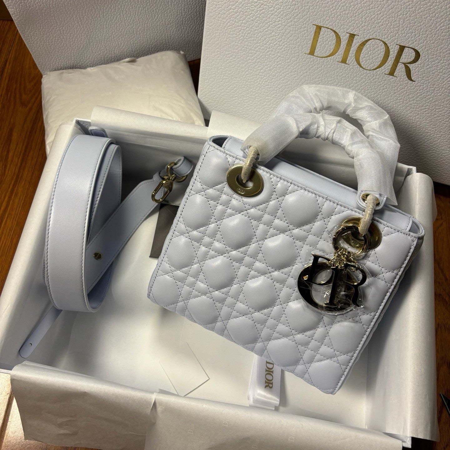 Dior Small Lady Dior My Abcdior Handbag In Glacier Blue Lambskin With Quiltoir Pattern. Four Square Compartments Black Satin Leather Featuring A Black Lacquered Clasp—princess Diana-style Crossbody Bag Bags M0538ONGE #197196