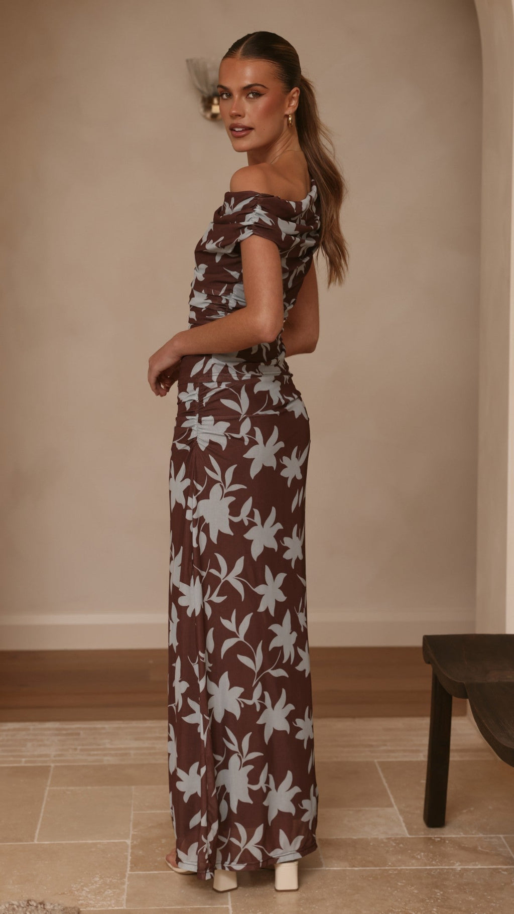 Nova Maxi Dress - Chocolate/Blue Print