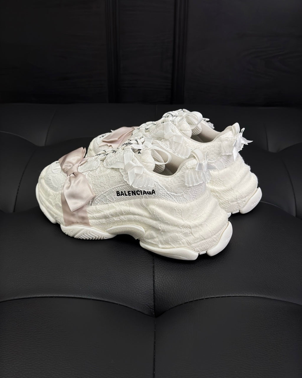 Balenciaga Triple S Lace Women's Solid Color Bow-Decorated Low-Top Lace-Up Thick-Sole Sneakers Shoes #77559