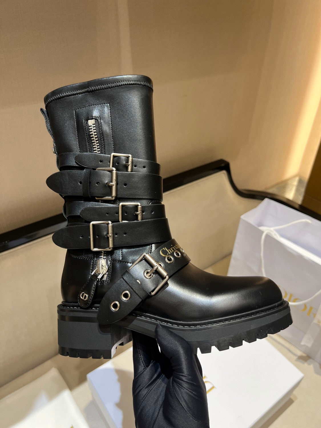 Dior D-Fight Women's Fall/Winter Fashion Classic Round-Toe Leather Ankle Boots with Chunky Heels Shoes #78764