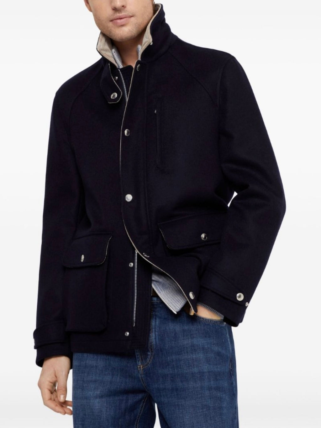 Brunello Cucinelli Men's Fall/Winter Fashion Show Reversible Collar Zipper Hunting Style Vintage Business Casual Wool Twill Coat Jacket #79494