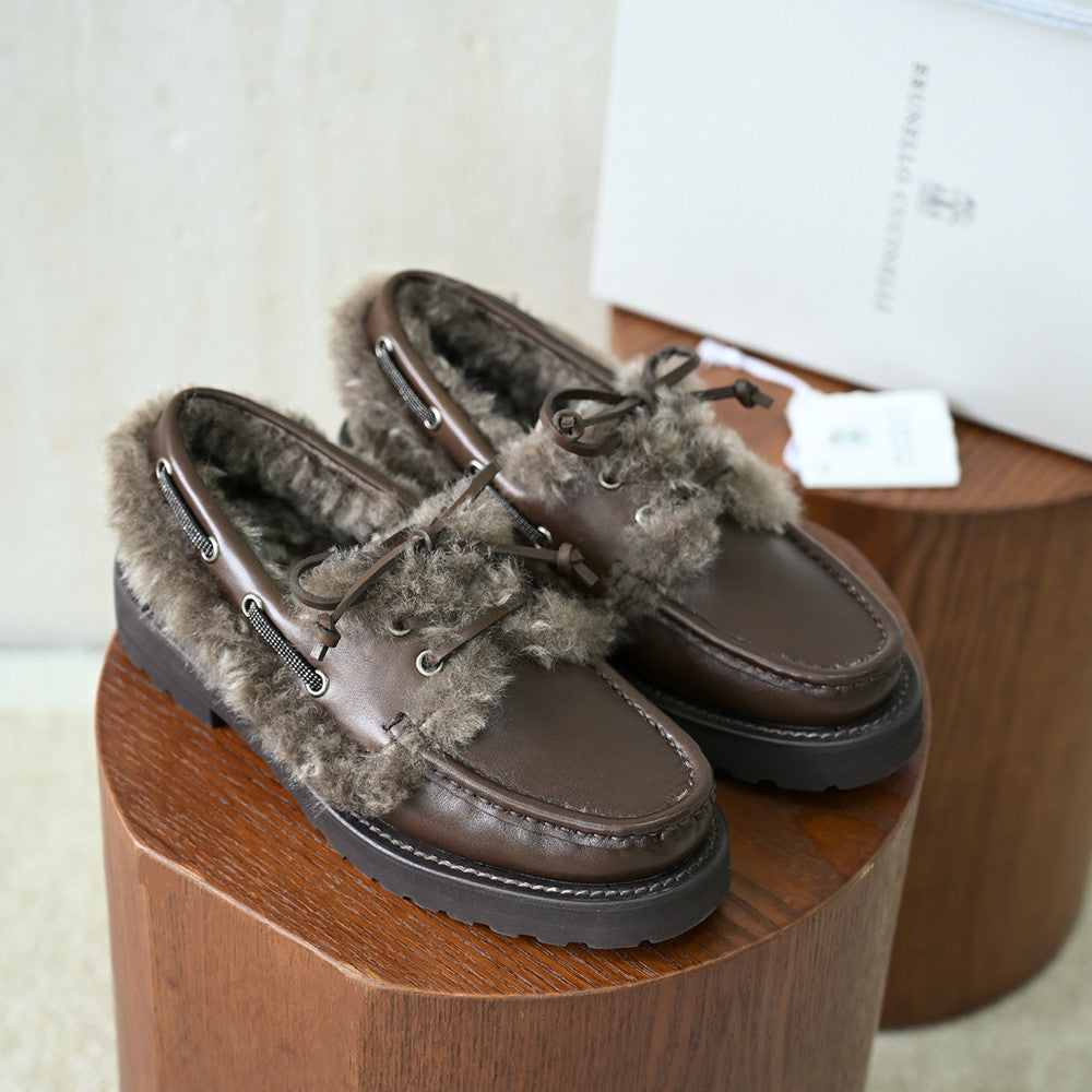 Brunello Cucinelli Bead Embellished Shearling Trimmed Suede Loafers #333658