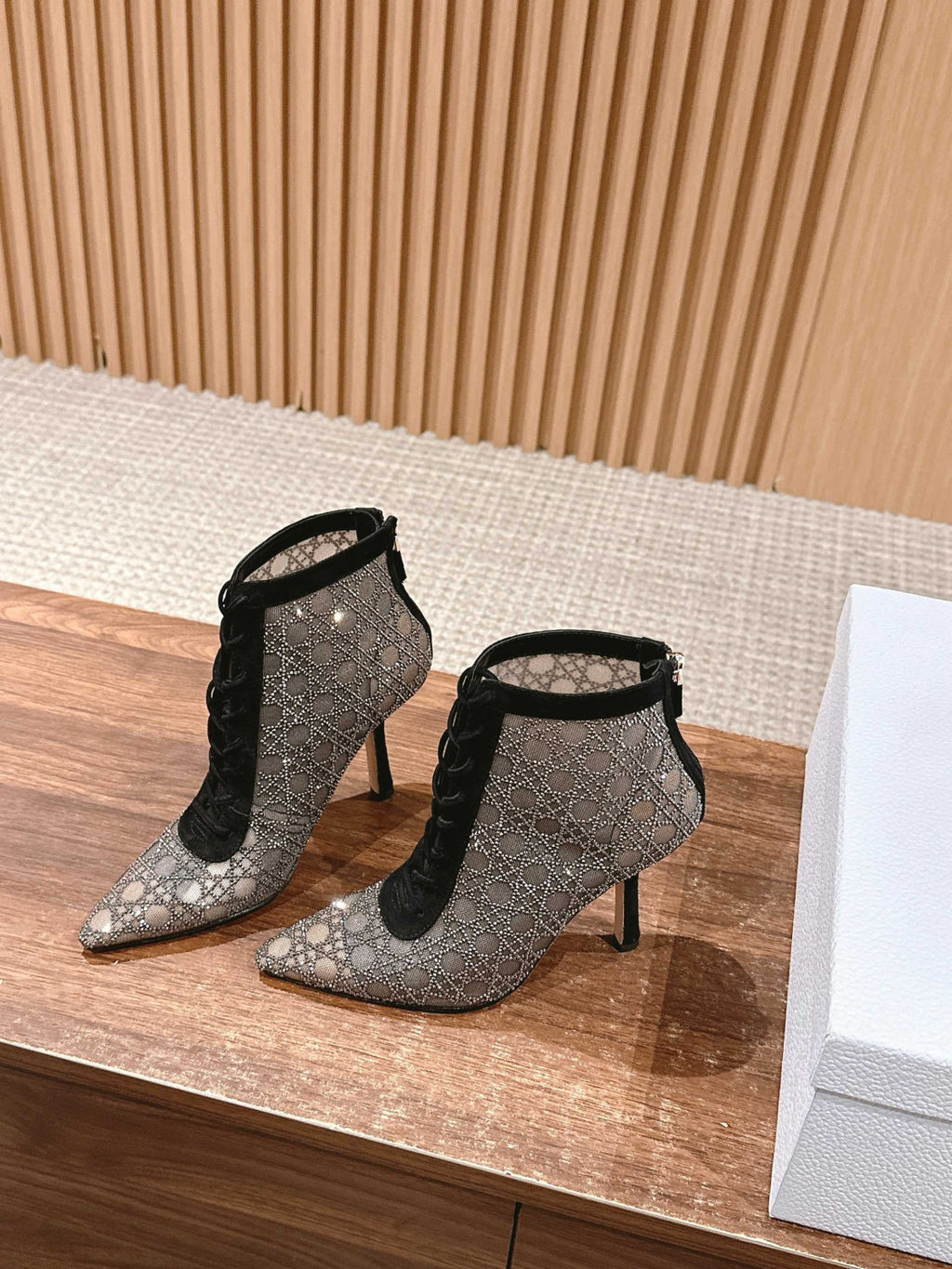 Dior Dazzling Galaxy Series Mesh Cannage Pattern Rhinestone High Heels #377323