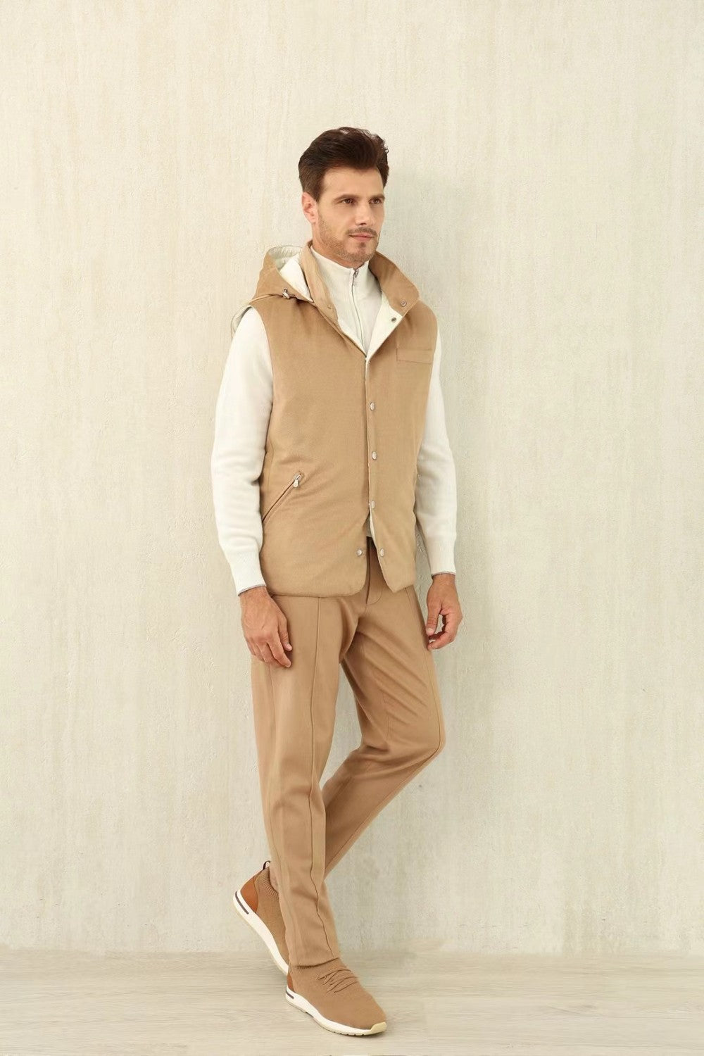 Brunello Cucinelli Men's Spring/Autumn Detachable Hooded Solid Color Single-Breasted Bonded Wool Flannel Down Vest Ngvp #2293