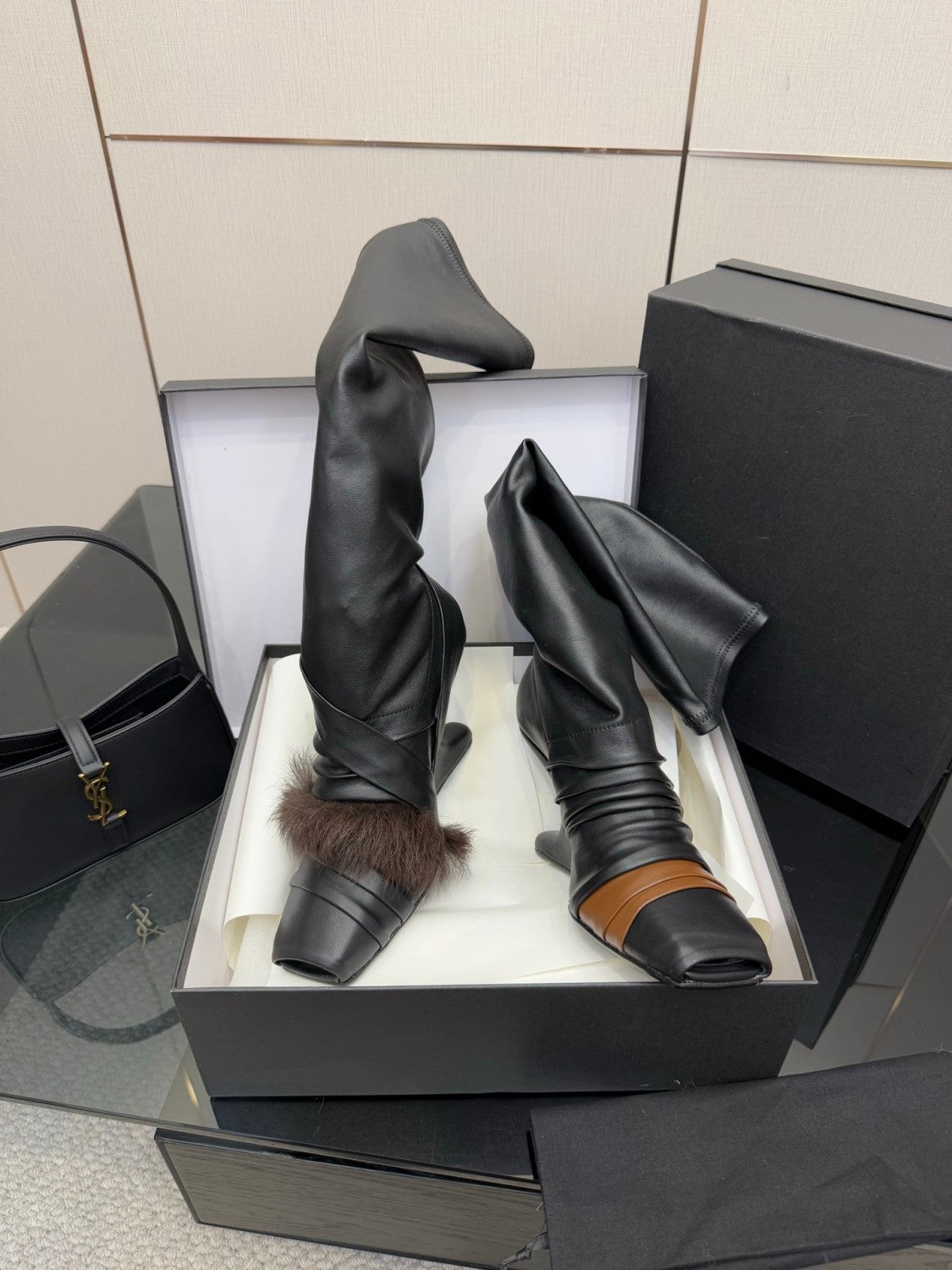 Rick Owens Women's Fall/Winter Fashion Classic Leather Booties Cowhide and Sheepskin Blend in Brown Lambskin Fishmouth Square Toe Design Fur Trimmed Panels Long Boots Shoes #79497