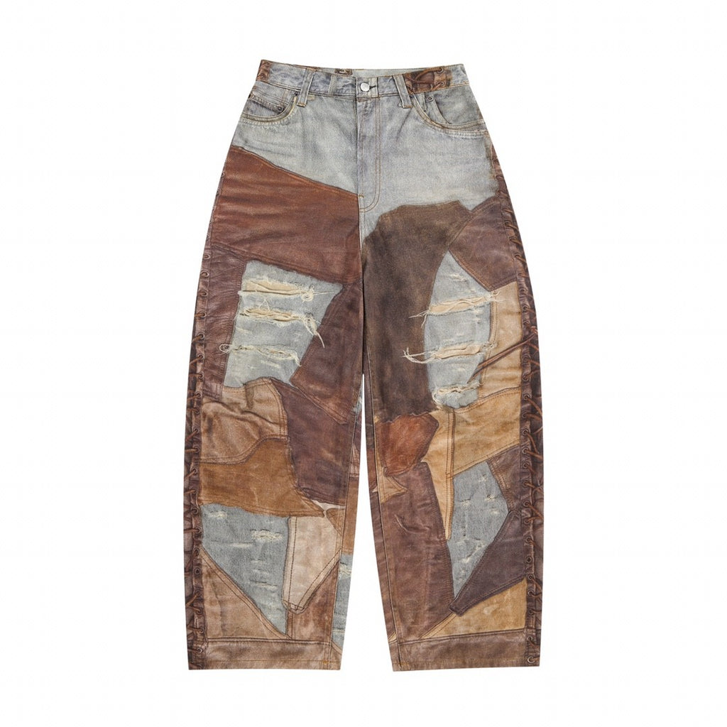 Acne Studios Men's Four Seasons Vintage Mud Dye Spliced Printed Loose Cotton Mid Waist Wide Leg Denim Pants Ngvp #8369