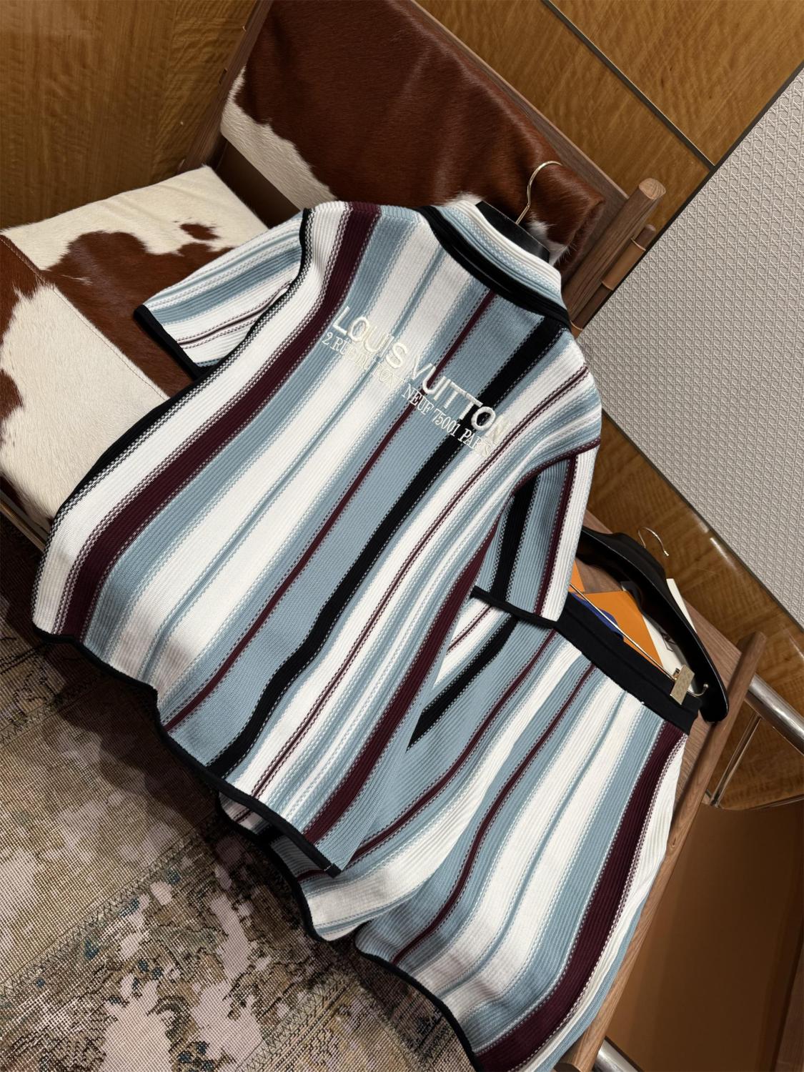 Louis Vuitton  Men's Summer Striped Crochet Single Breasted Short Sleeve Shirt Casual Lace-Up Shorts Suit Set #76893