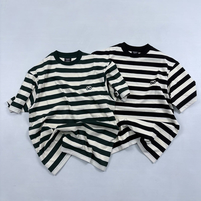 Chanel Men's Summer Striped Logo Solid Color Round Neck Pullover Short Sleeved T-shirt #81554