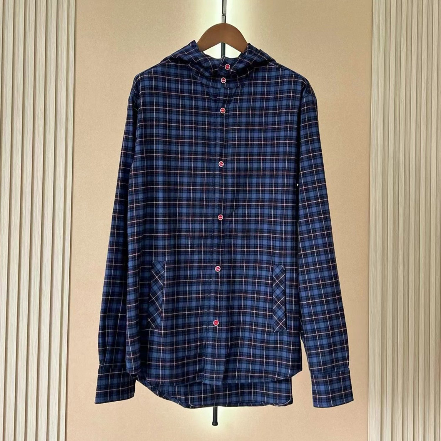 Kiton Men's Spring And Fall Retro Plaid Hooded Shirt Long-sleeved Lapel Buttons Fashion Casual Denim Cotton Shirt Ngvp #8879