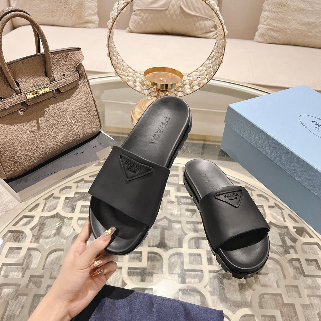 Prada Men's And Women's Summer Solid Colour Cowhide Leather Sandals And Slippers Shoes #76974