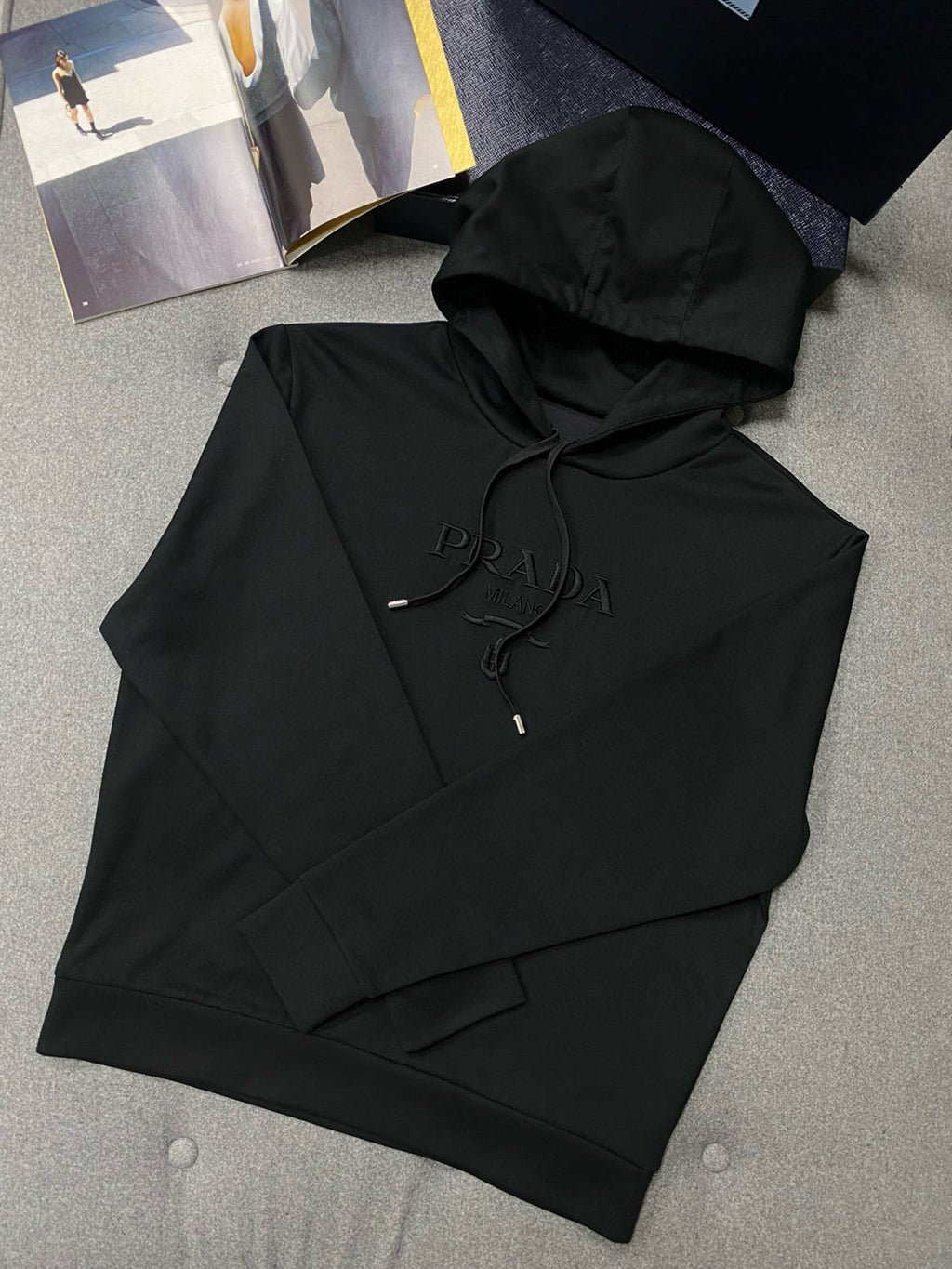 Prada Men's Autumn/Winter Black and White Embroidered Logo Drawstring Cotton Hooded Sweatshirt Pullover #97749