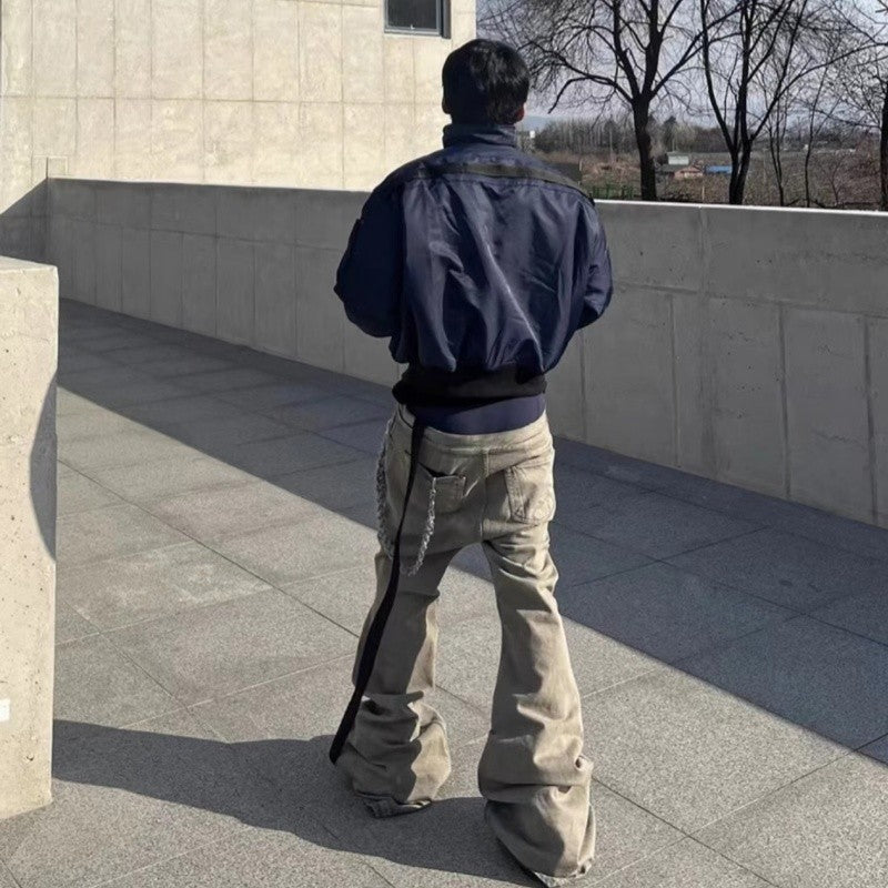 Rick Owens Men's Spring And Fall Do Old Desert Color Washed Flare Wide-leg Denim Pants Skinny Stacked Drag Ground Pleated Cat Whiskers Waste Soil Jeans Ngvp #2415