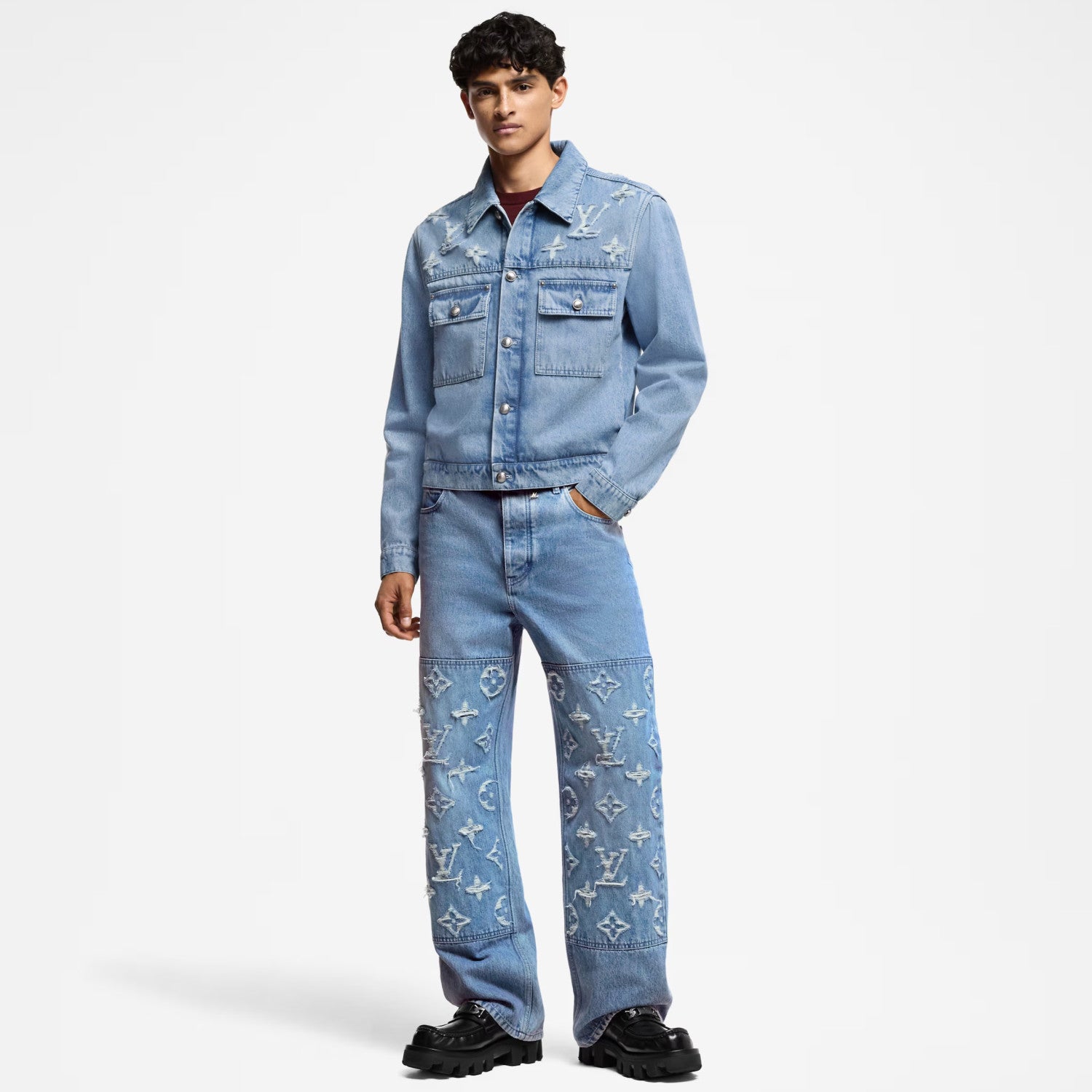 Louis Vuitton Men's Spring And Fall Embroidered Logo Single Breasted Long Sleeved Denim Jacket Mid Rise Jeans Pants Suit Set #74293