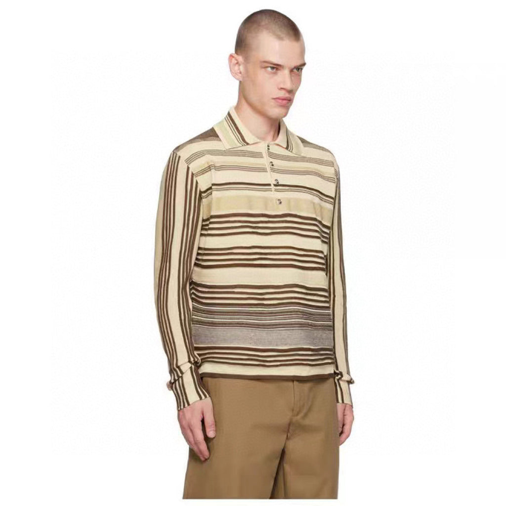 Bottega Veneta Men's Spring And Fall Striped Color Clashing Knitted Polo Shirt Long-sleeved Lapel Fashion Casual Pullover Sweater T-shirt #81429