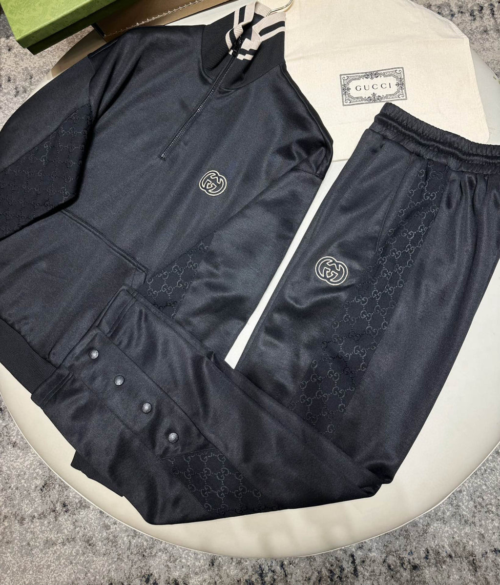 Gucci Men's Spring and Autumn Black Logo Embroidery Zipper Standing Collar Long Sleeve Jacket Elastic Knit Sweatpants Pants Suit Set #98786
