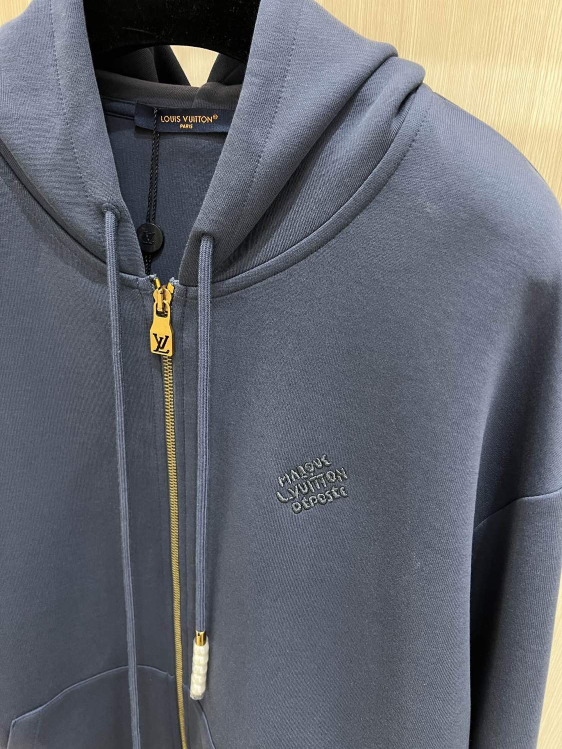 Louis Vuitton Men's Spring and Autumn Blue Embroidery Letter Logo Pearl Pendant Hooded Zipper Jacket Lace-Up Trousers Pants Set Suit #99763