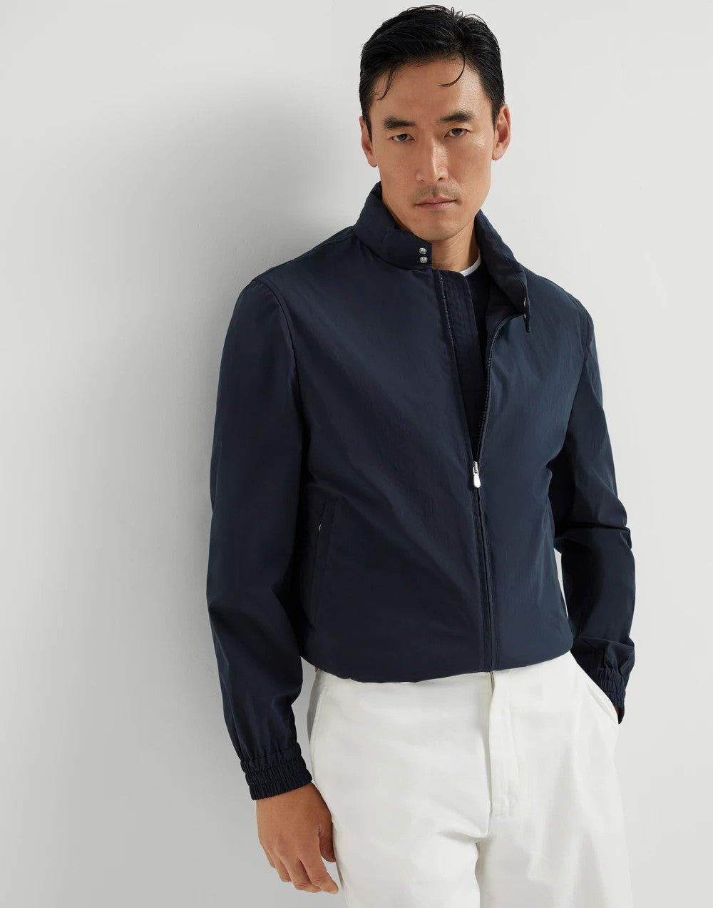 Brunello Cucinelli Men's Spring/Autumn Water-Resistant Bonded Cotton Unlined Outerwear Jacket Solid Color Zipper High Neck Tie With Packable Hood Ngvp #2287