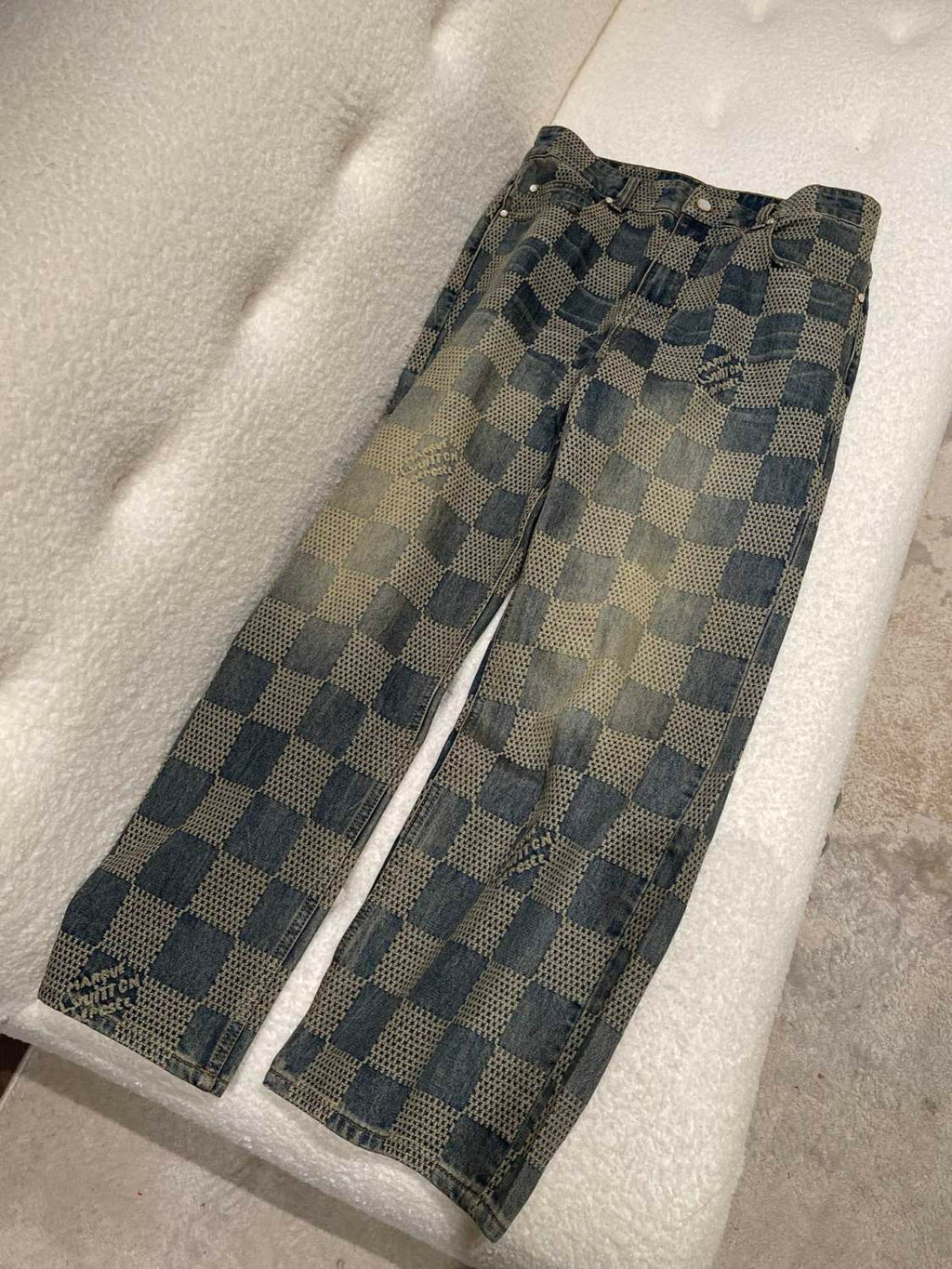 Louis Vuitton Men's Damier Washed Skateboarding Jeans Spring And Autumn Checkerboard Check Vintage Old Denim Trousers Straight Wide-leg Pants #71847