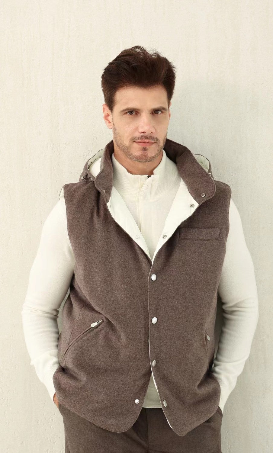 Brunello Cucinelli Men's Spring/Autumn Detachable Hooded Solid Color Single-Breasted Bonded Wool Flannel Down Vest Ngvp #2293