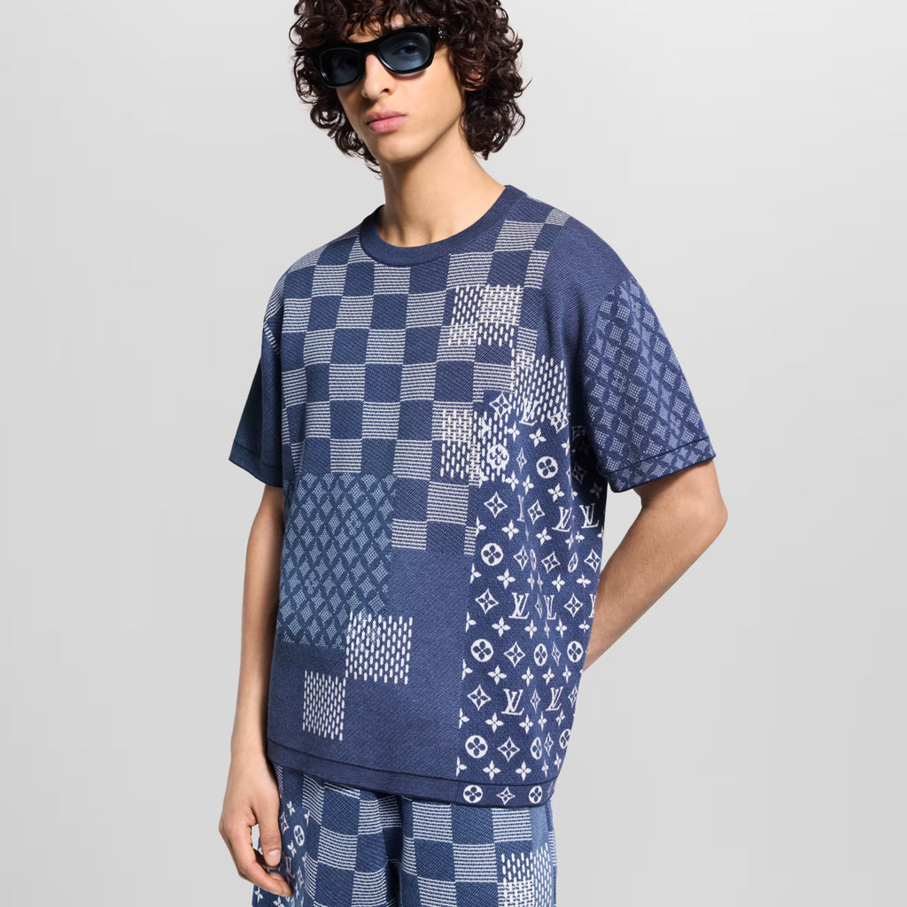 Louis Vuitton x Men's Letter Print Plaid Knit Summer Crew Neck Short Sleeve Solid Color T-Shirt #81354