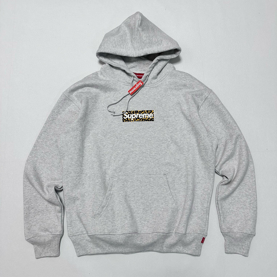 Supreme Men's and Women's Autumn/Winter Shanghai Opening Limited Collection Leopard Print Box Logo Grey Hooded Sweatshirt #99441
