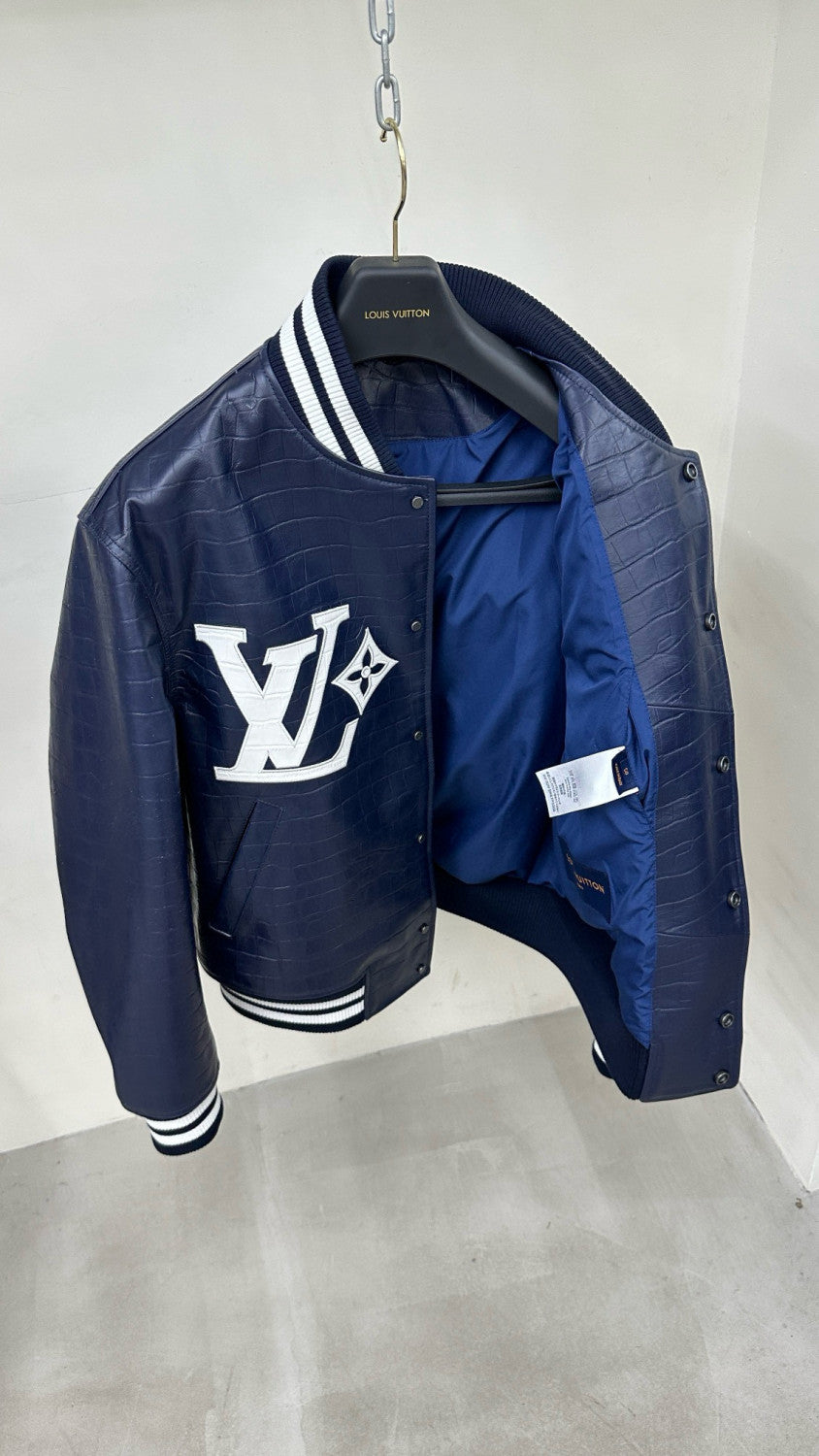 Louis Vuitton Men's Fall And Winter Navy Blue Lambskin Embossed Crocodile Leather Pattern Zipper Baseball Jacket #98618