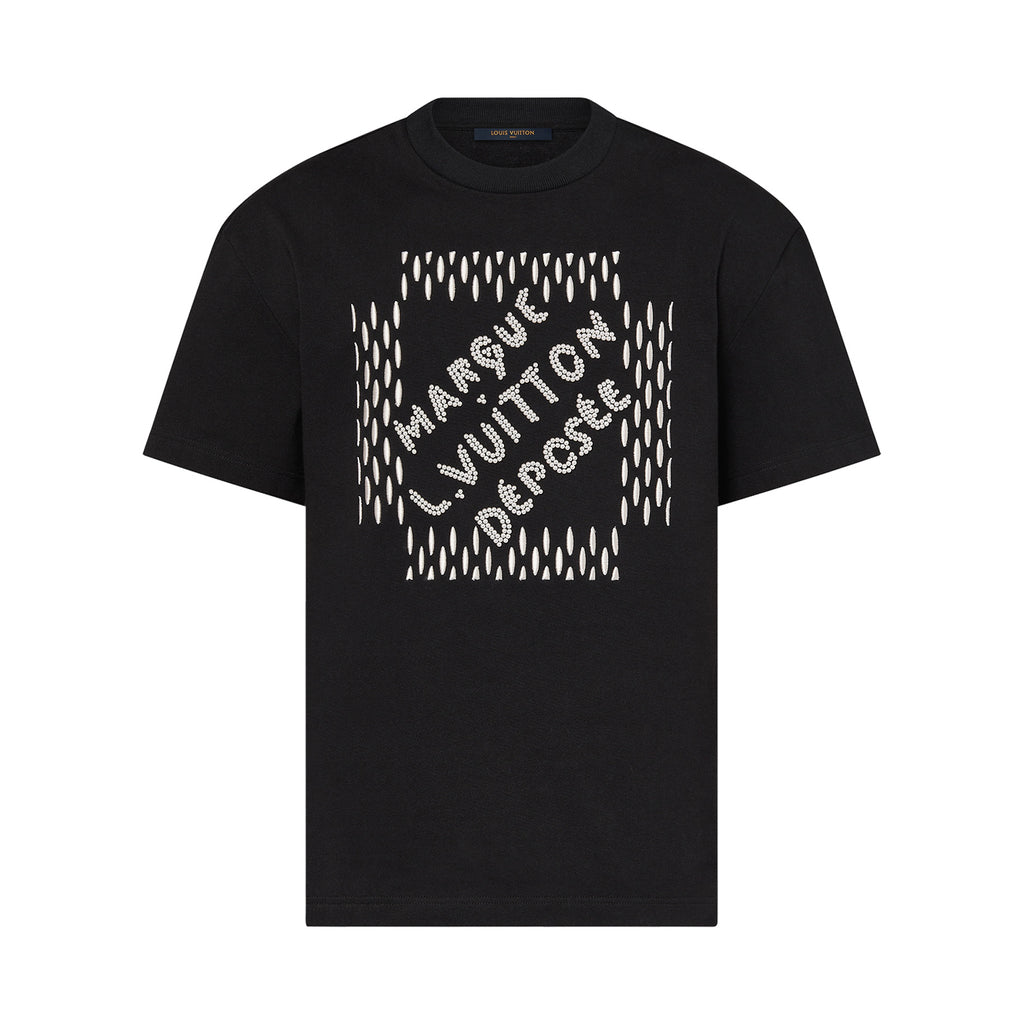 Louis Vuitton Men's Summer Beaded Embroidered Logo Black Round Neck Cotton Short Sleeve T-Shirt #98411