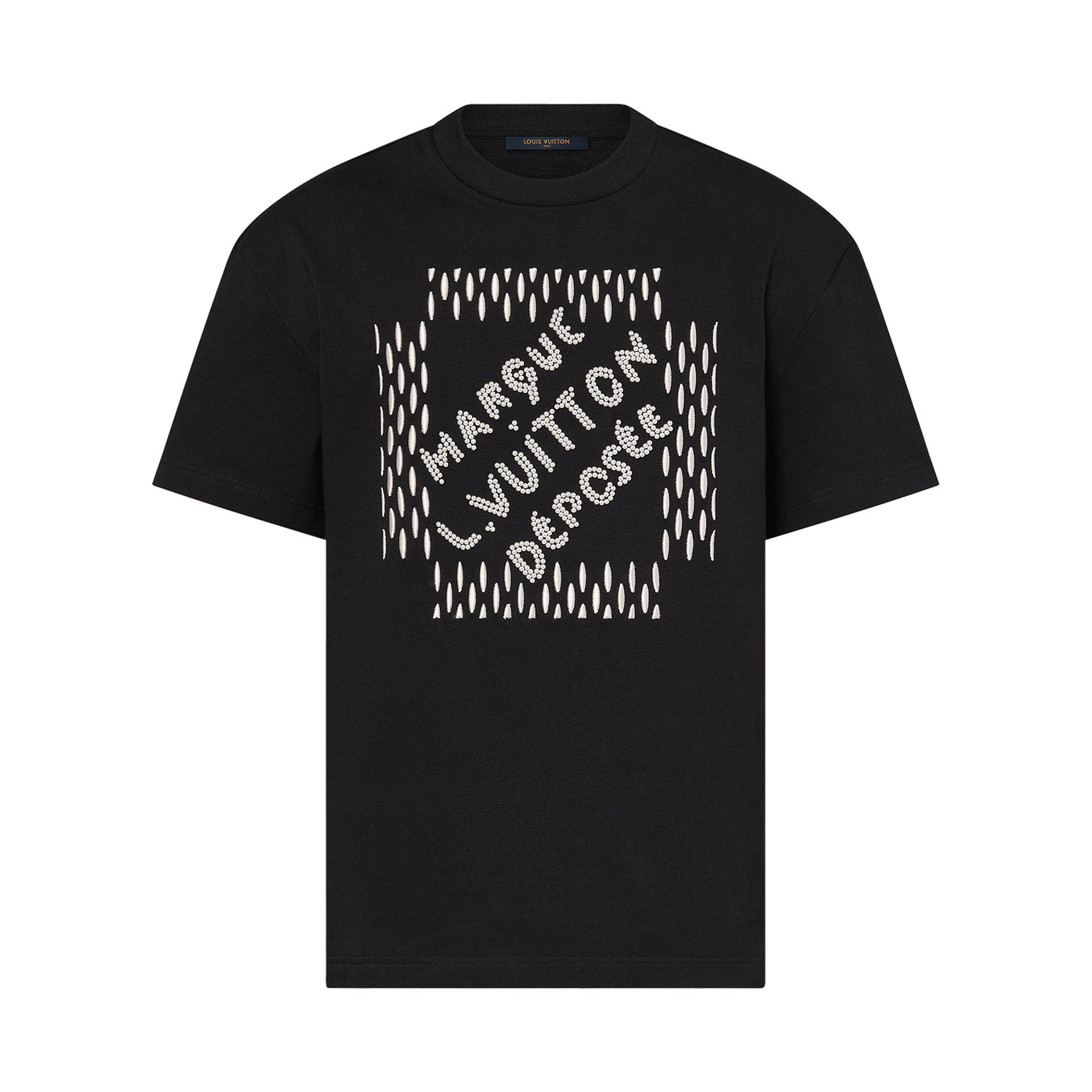 Louis Vuitton Men's Summer Beaded Embroidered Logo Black Round Neck Cotton Short Sleeve T-Shirt #98411