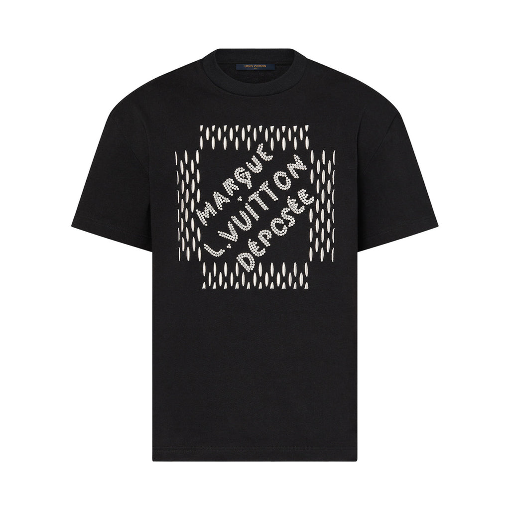 Louis Vuitton Men's Summer Beaded Embroidered Logo Black Round Neck Cotton Short Sleeve T-Shirt #98411