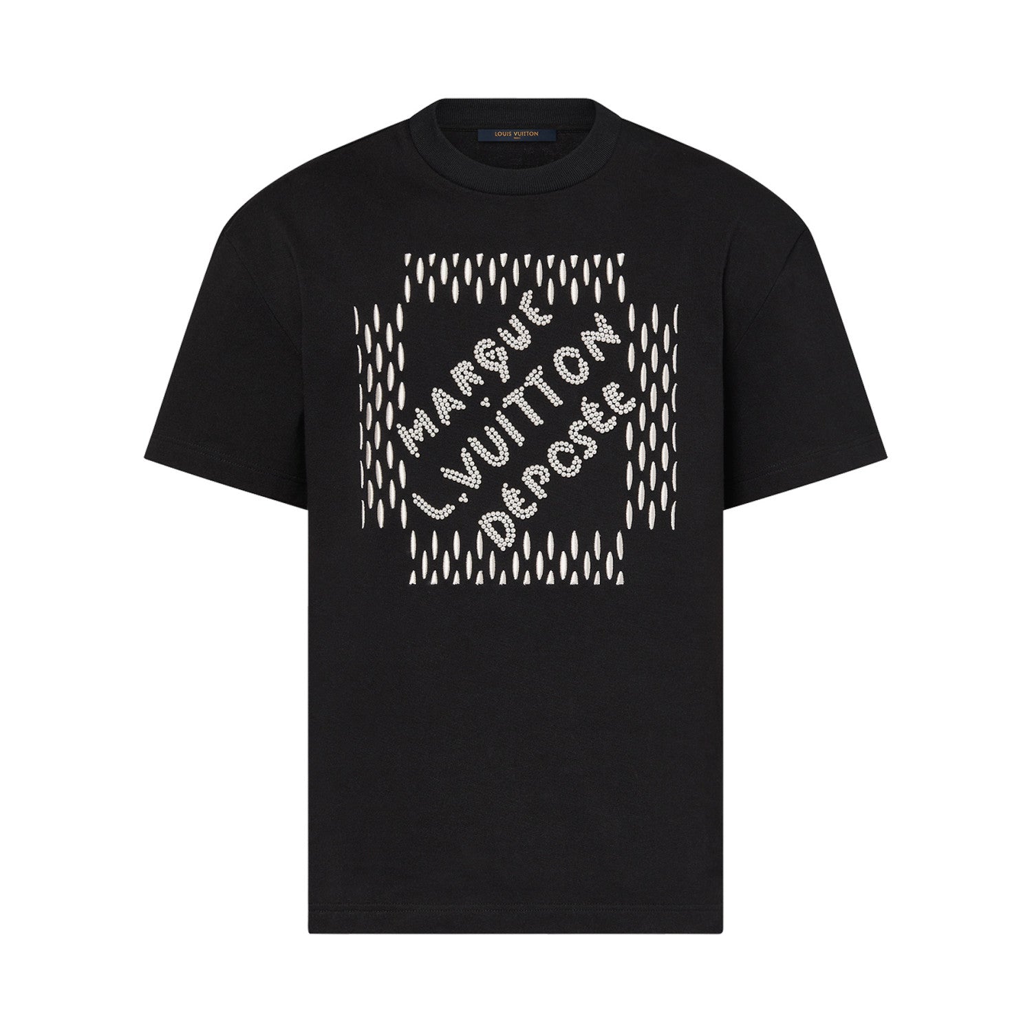 Louis Vuitton Men's Summer Beaded Embroidered Logo Black Round Neck Cotton Short Sleeve T-Shirt #98411