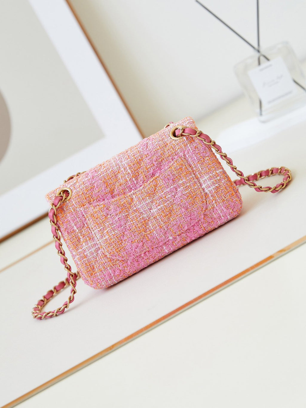 Chanel Women's Pink Chain Tartan Fabric Badge Print Single Shoulder Crossbody Bag Bags #77412