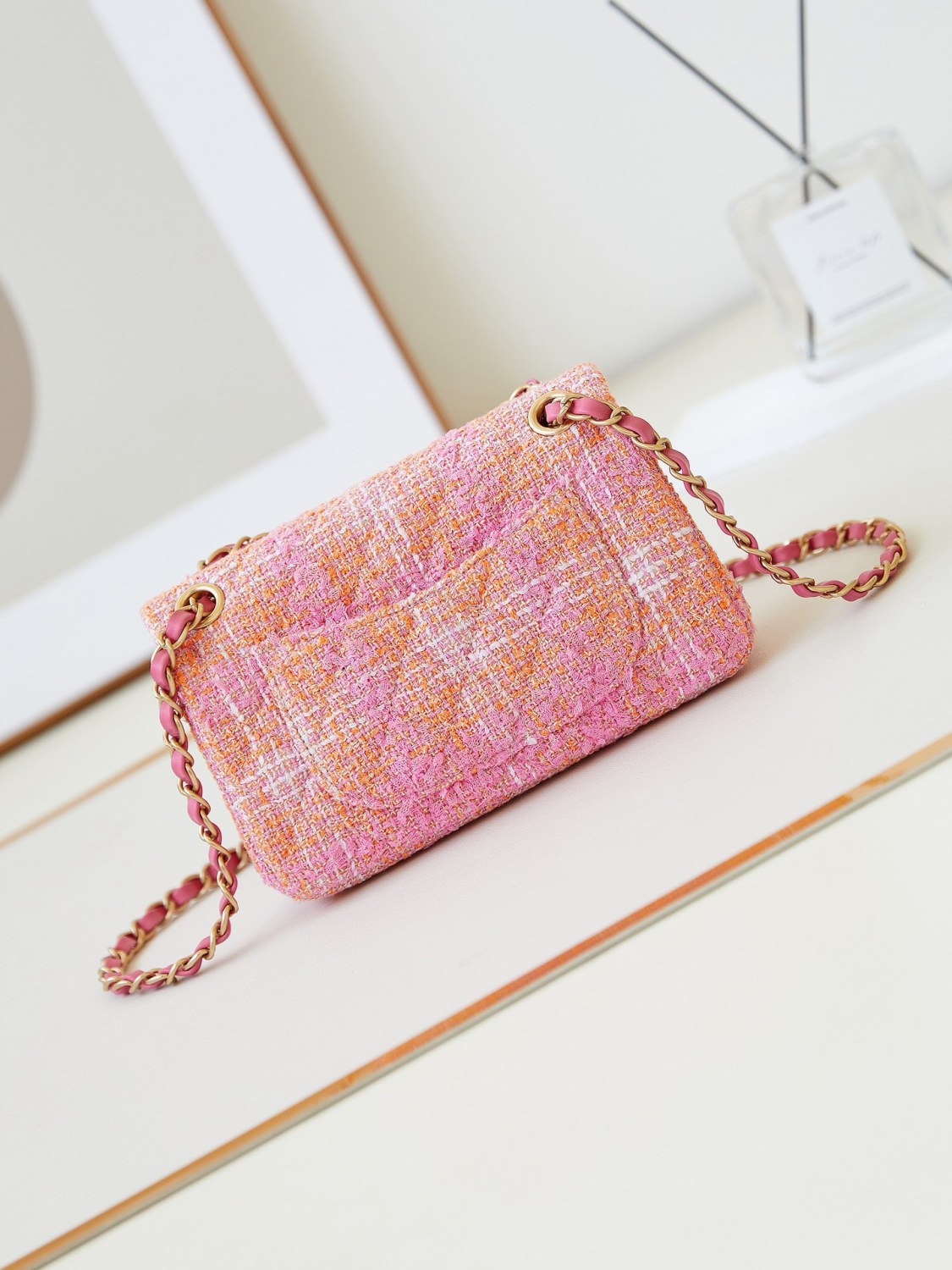 Chanel Women's Pink Chain Tartan Fabric Badge Print Single Shoulder Crossbody Bag Bags #77412