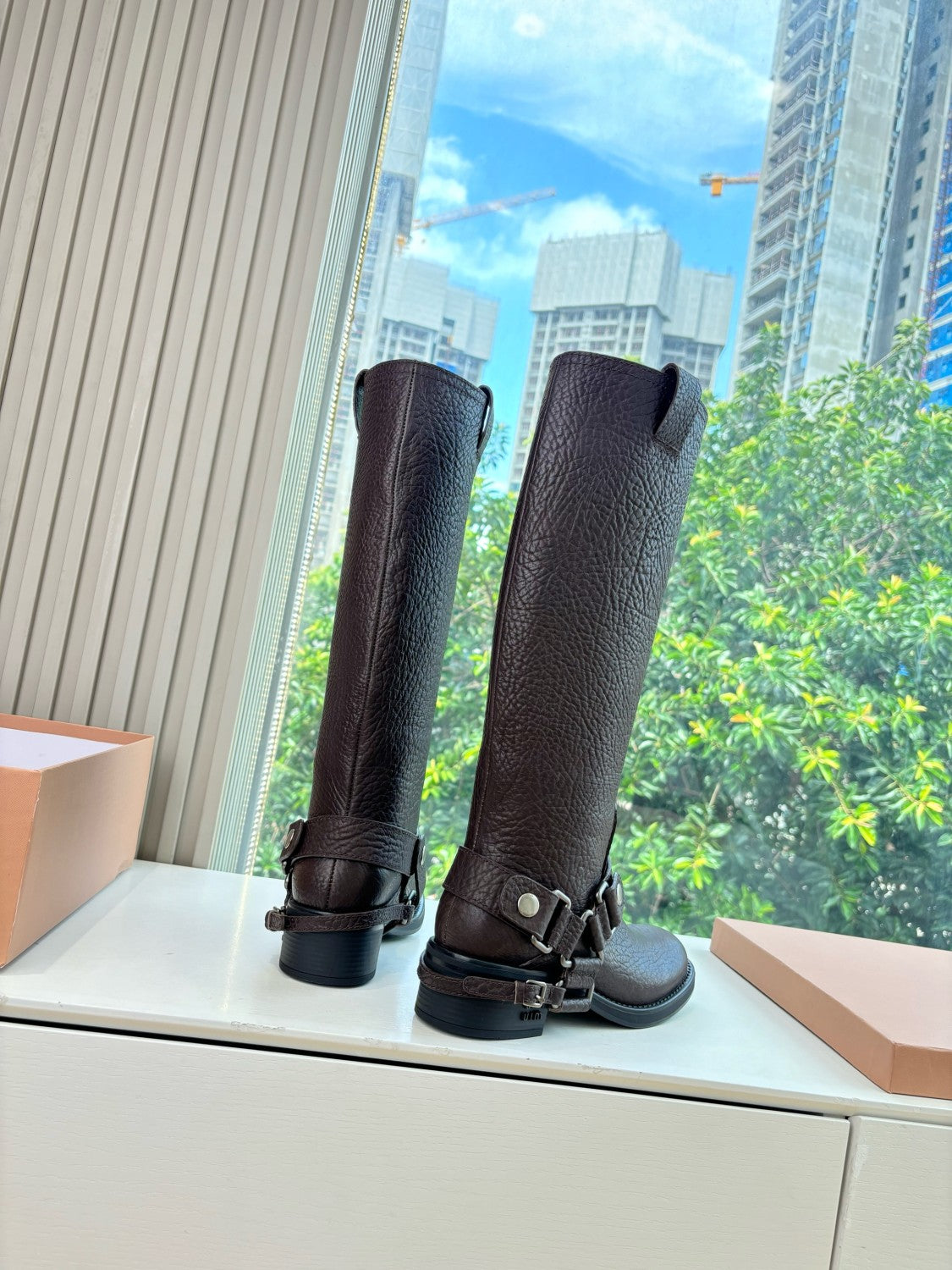 MiuMiu Women's Fall/Winter Classic Solid-Color Leather Biker-Style Long Boots Retro Rider Long Boots Shoes #78721
