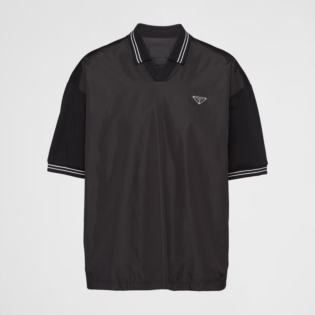 Prada Men's Summer Black Re-Nylon Detail Beaded Georgette Polo Shirt Short Sleeve Tee Striped Printed Bermuda Shorts Set Suit #99561