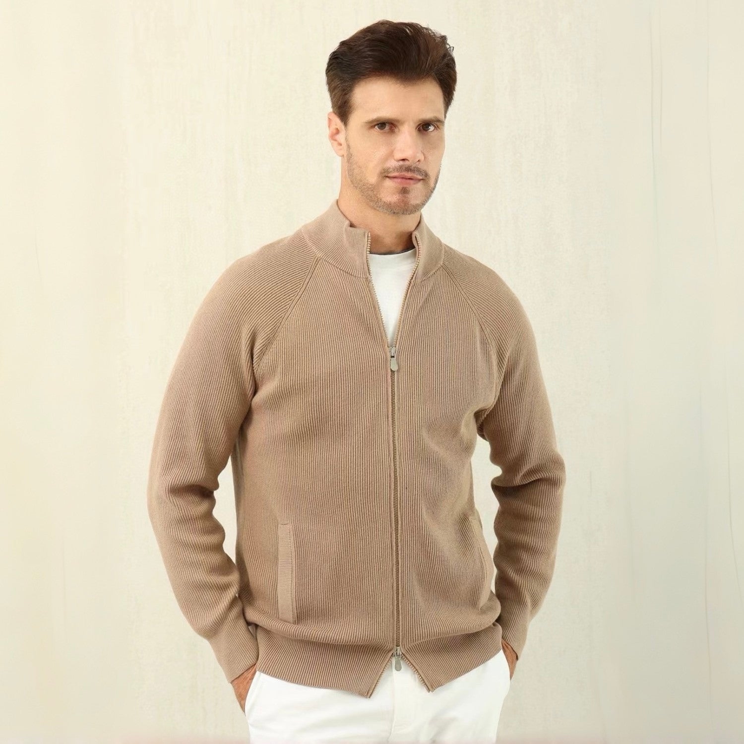 Brunello Cucinelli Men's Fall/Winter Fashion Casual Solid Color High Neck Double Zip Knit Cardigan #79221