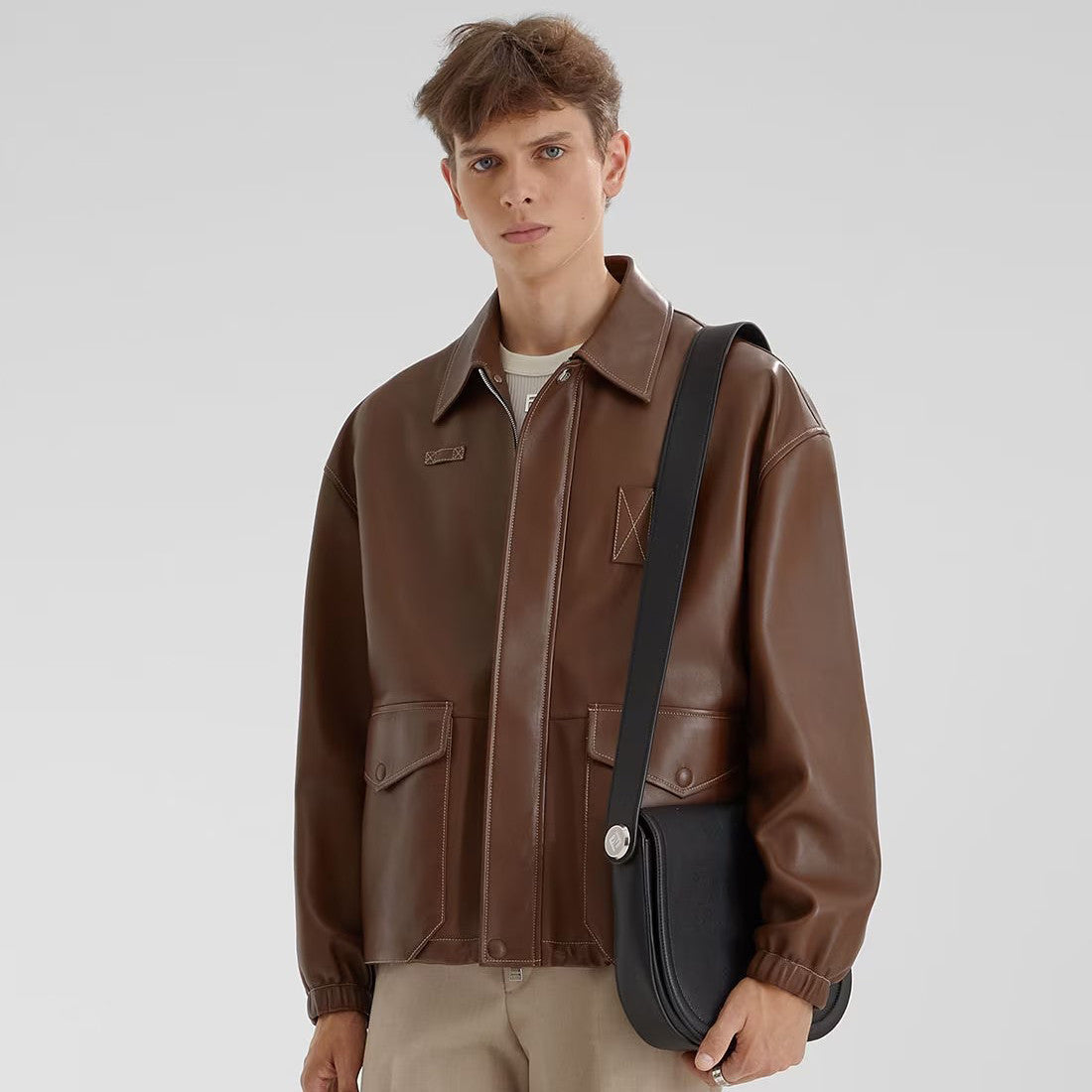 Fendi Men's Autumn and Winter Brown Lapel Zipper Loose Long Sleeve Leather Jacket #98884