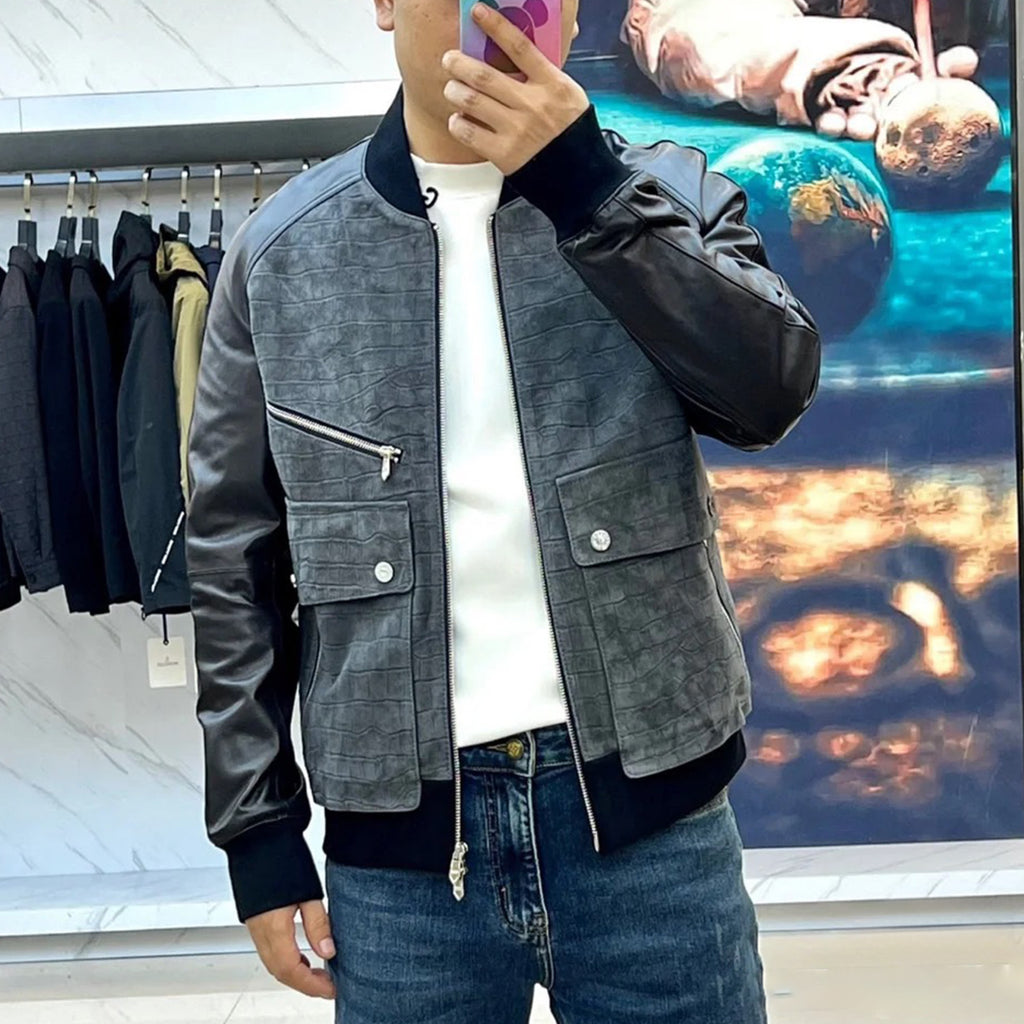 Hermes Men's Autumn And Winter Frosted Crocodile Pattern Cowhide Patchwork Sheepskin Baseball Leather Jacket #71231