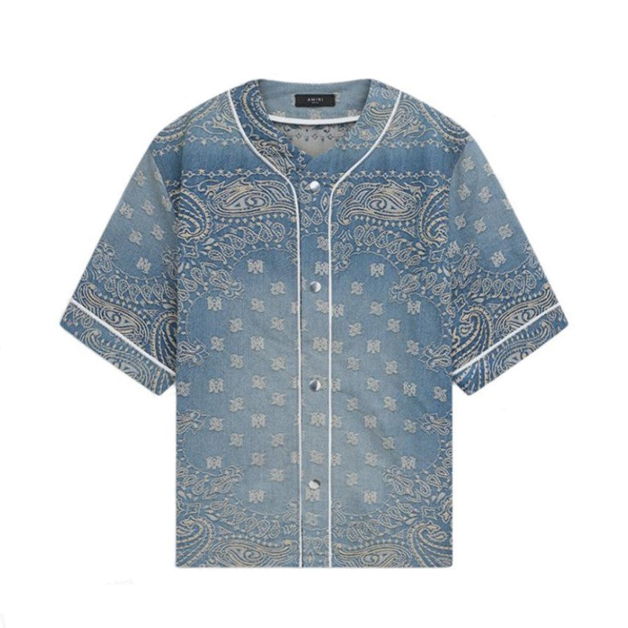 Amiri Men's Denim Jacquard Solid Color Single-Breasted Loose Summer Short Sleeve Shirt Ngvp #1425