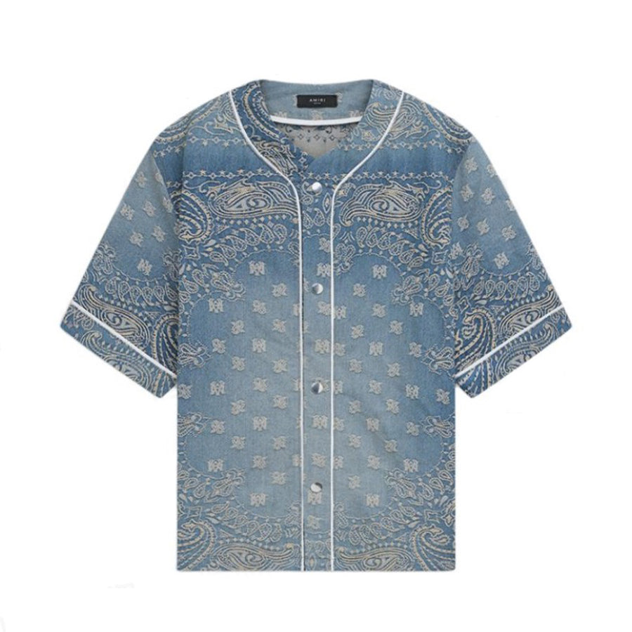 Amiri Men's Denim Jacquard Solid Color Single-Breasted Loose Summer Short Sleeve Shirt Ngvp #1425
