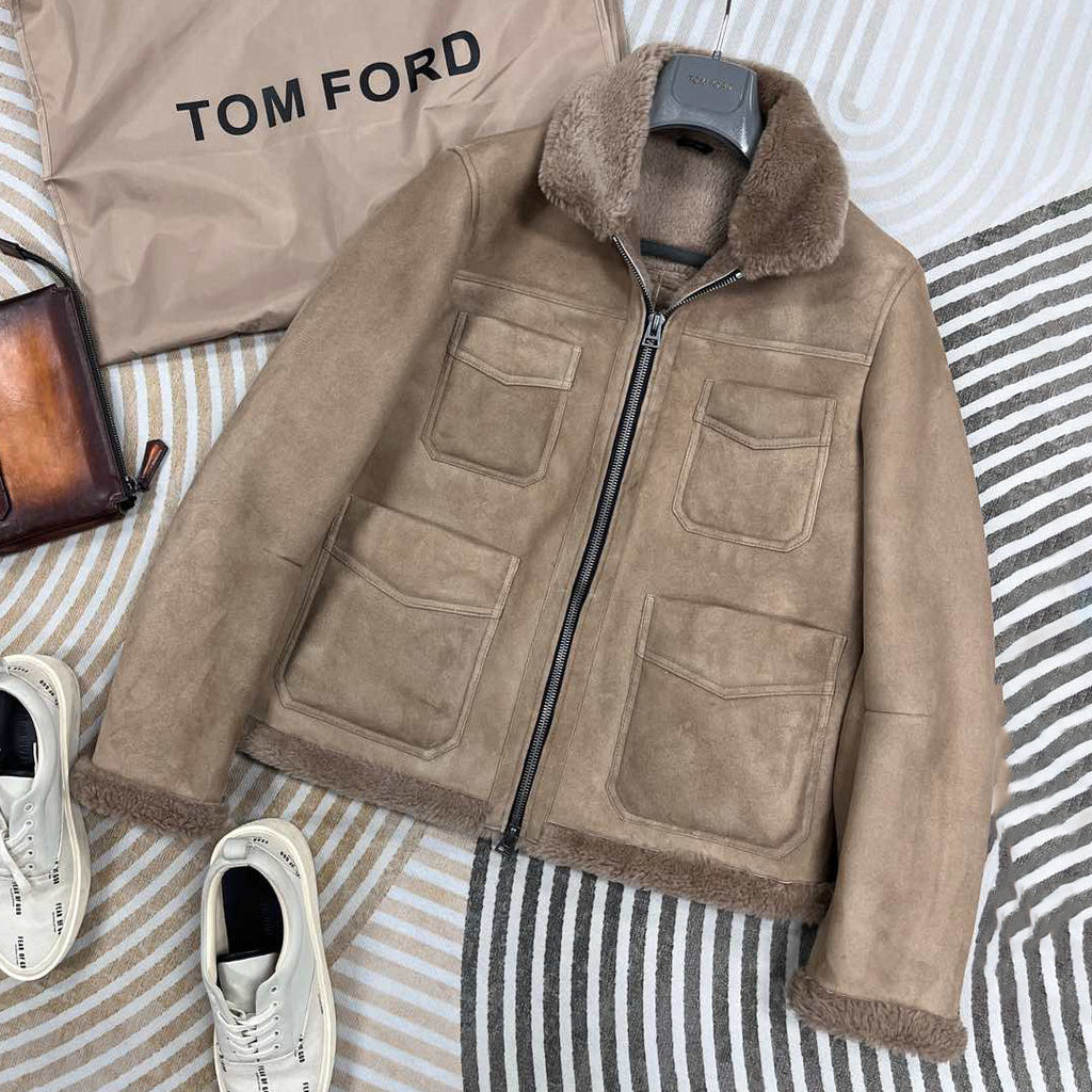 Tom Ford Men's and Women's  Winter Fashion Casual Lapel Zipper Classic Four-Pocket Leather and Fleece Hybrid Jacket #78814