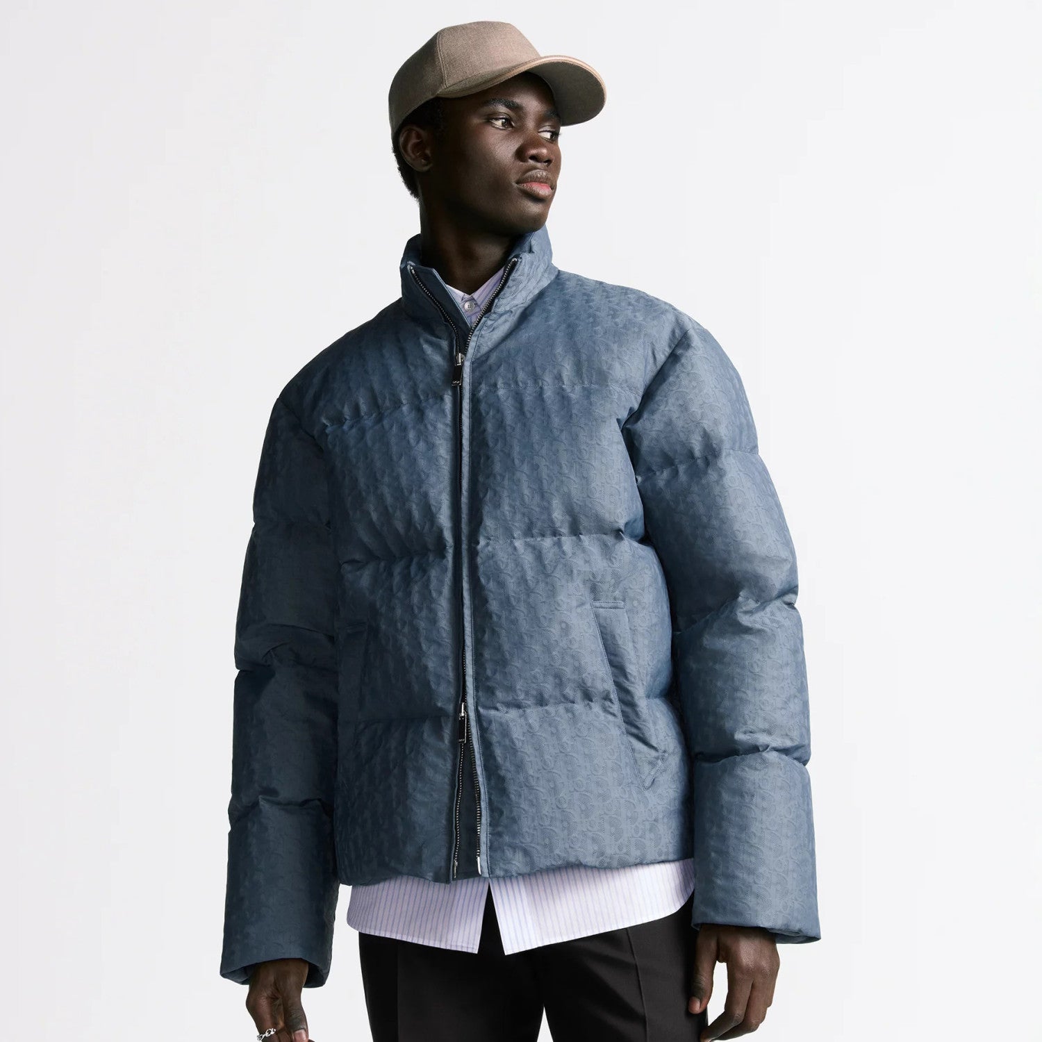 Dior Men's Fall And Winter Blue Dark Logo Print Lapel Single Breasted Long Sleeved Puffer Down Jacket #74511