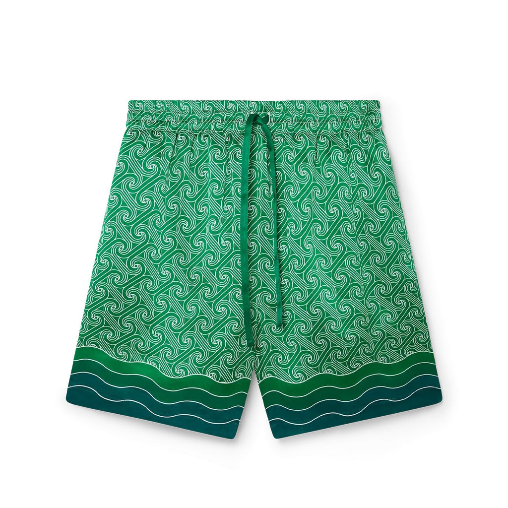 Casablanca Men's Summer Green Line Wave Print Lapel Single Breasted Short Sleeve Shirt Drawstring Tie Shorts Set Suit #73575