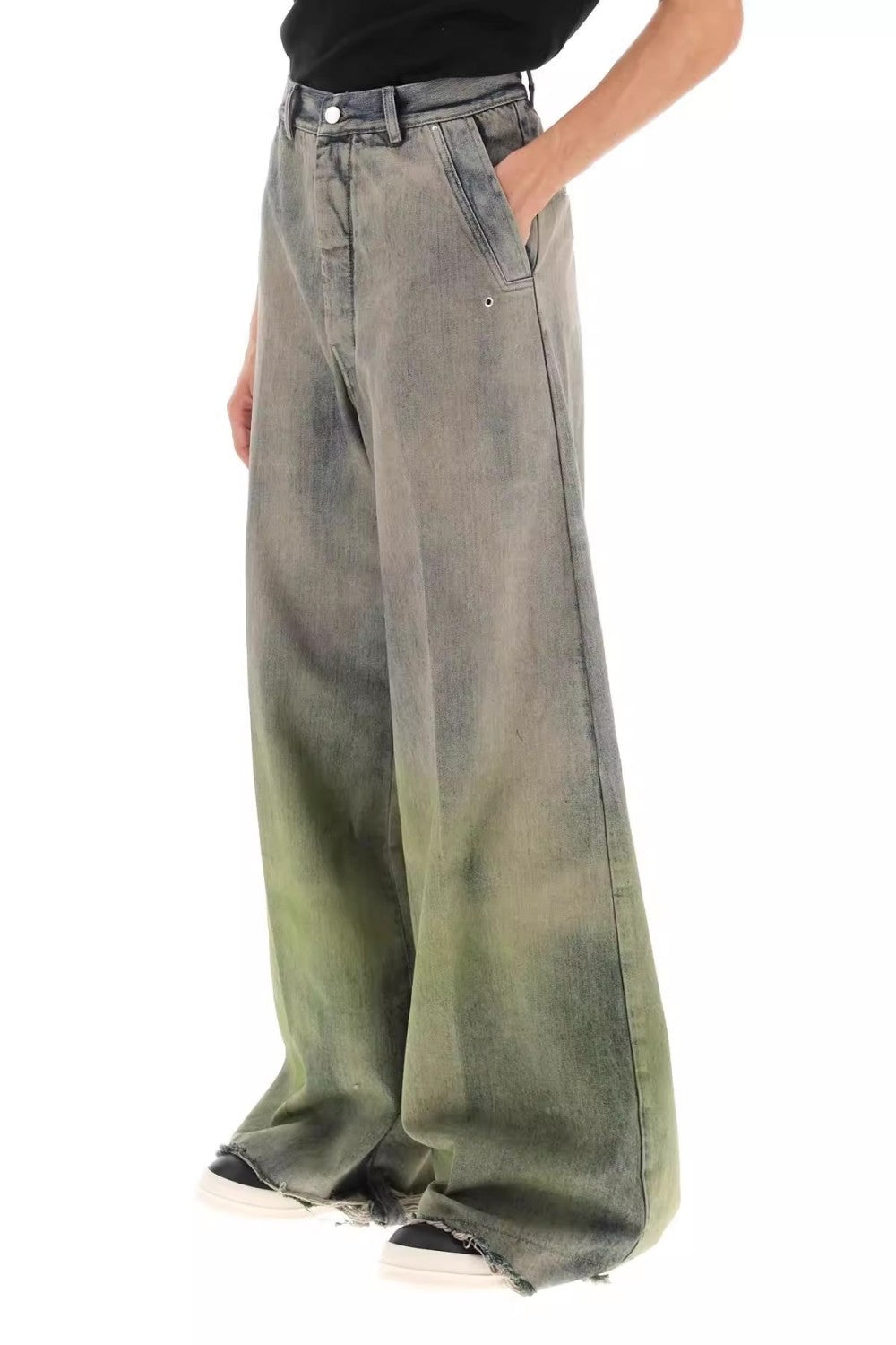 Rick Owens Men's Women's Four Seasons Gradient Yellow Green Washed Vintage Hole Breaking Wide Leg Denim Long Pants Ngvp #8192
