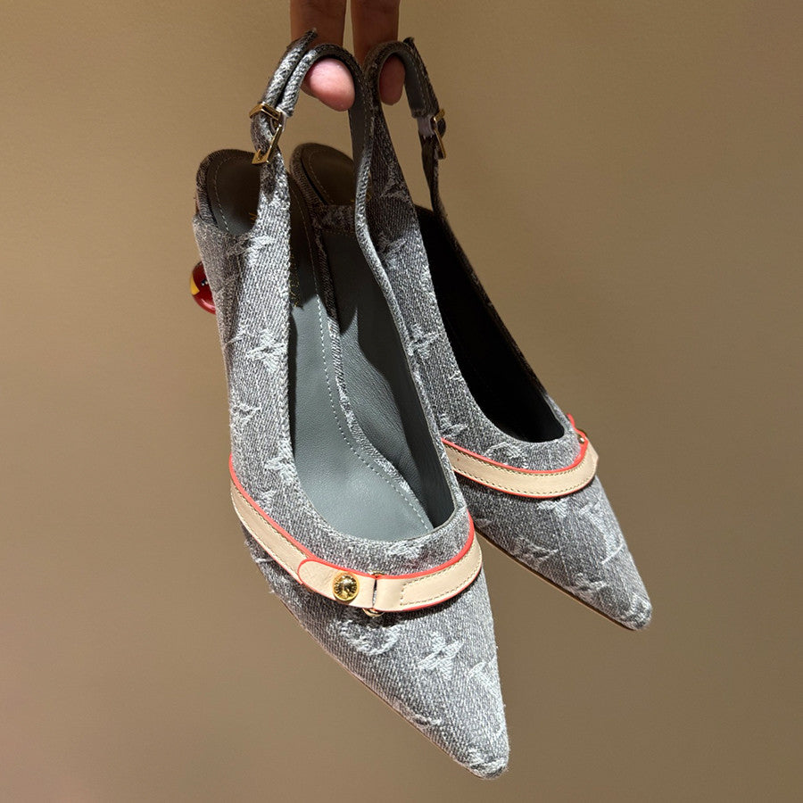 Louis Vuitton Women's Pointed Denim Print Metal Buckle Fine Heel Cherry Heel Retro Solid Color High Heels Casual Slippers Shoes #77858