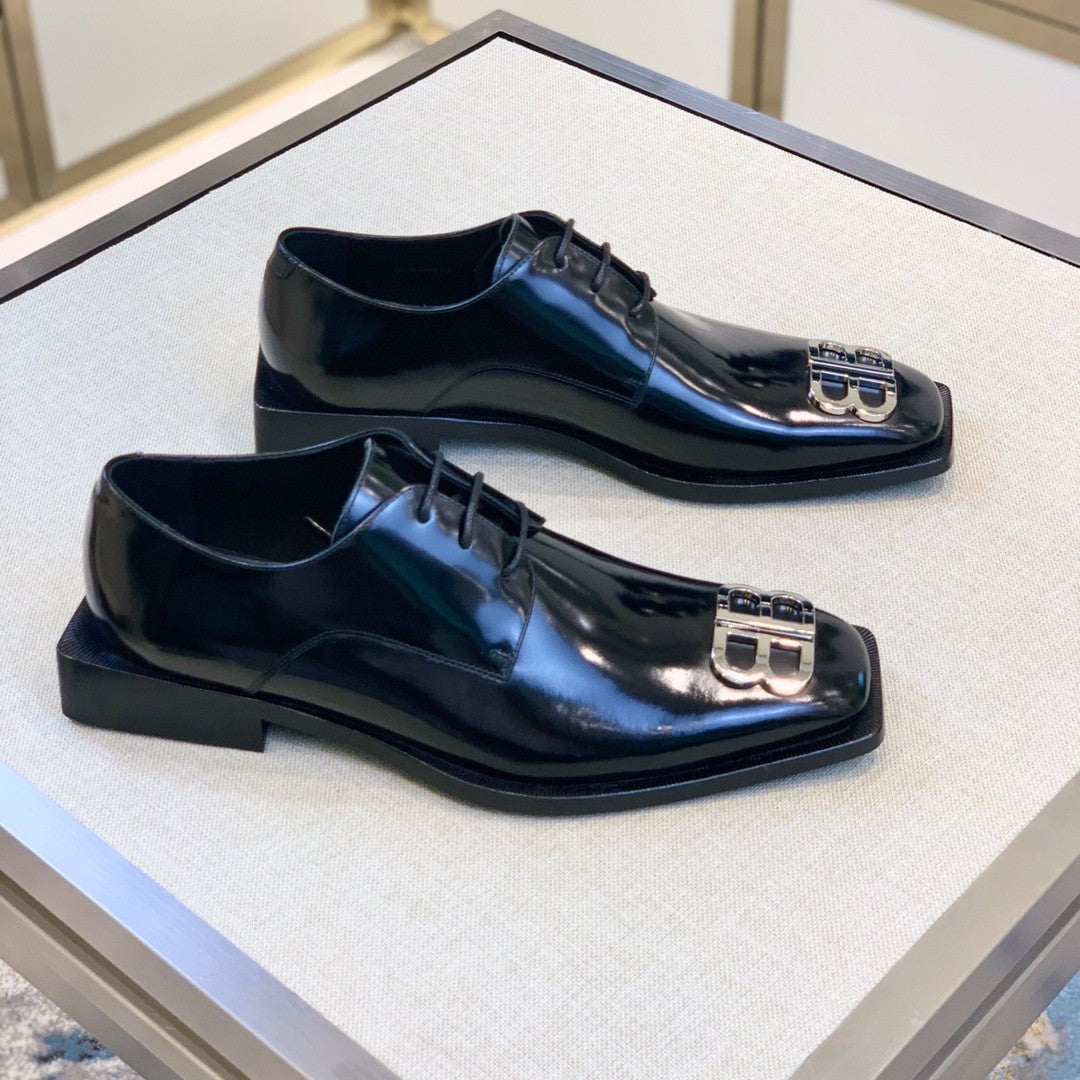 Balenciaga Men's Solid Colour Square Toe Metal BB Logo Cowhide Leather Shoes #77218