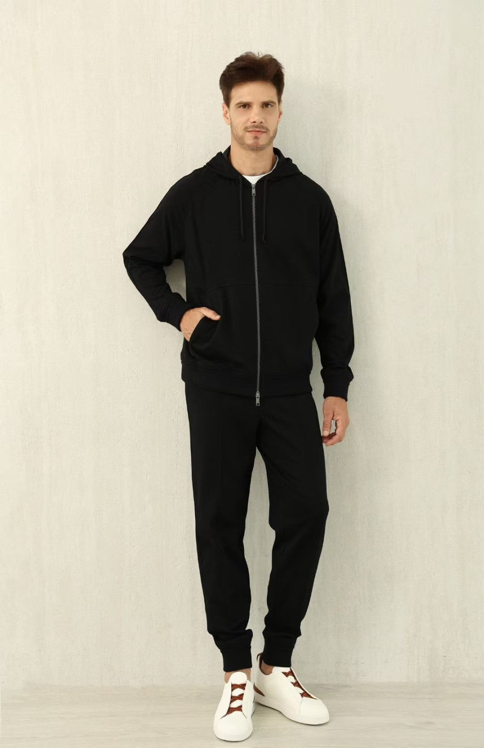 Ermenegildo Zegna Men's Spring/Fall Zipper Drawstring Hoodie Sweatshirt & Solid-Color Casual Pants Suit Set Ngvp #2352