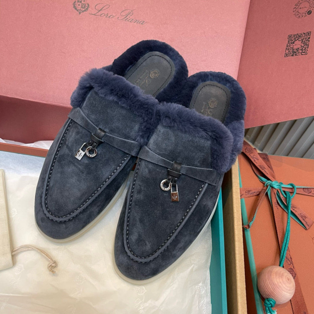 Loro Piana Women's Winter Fashion Casual Round Toe Slip On Beaver Fur Slippers Leather Rubber Sole Covered Toe Slippers  Shoes #78588