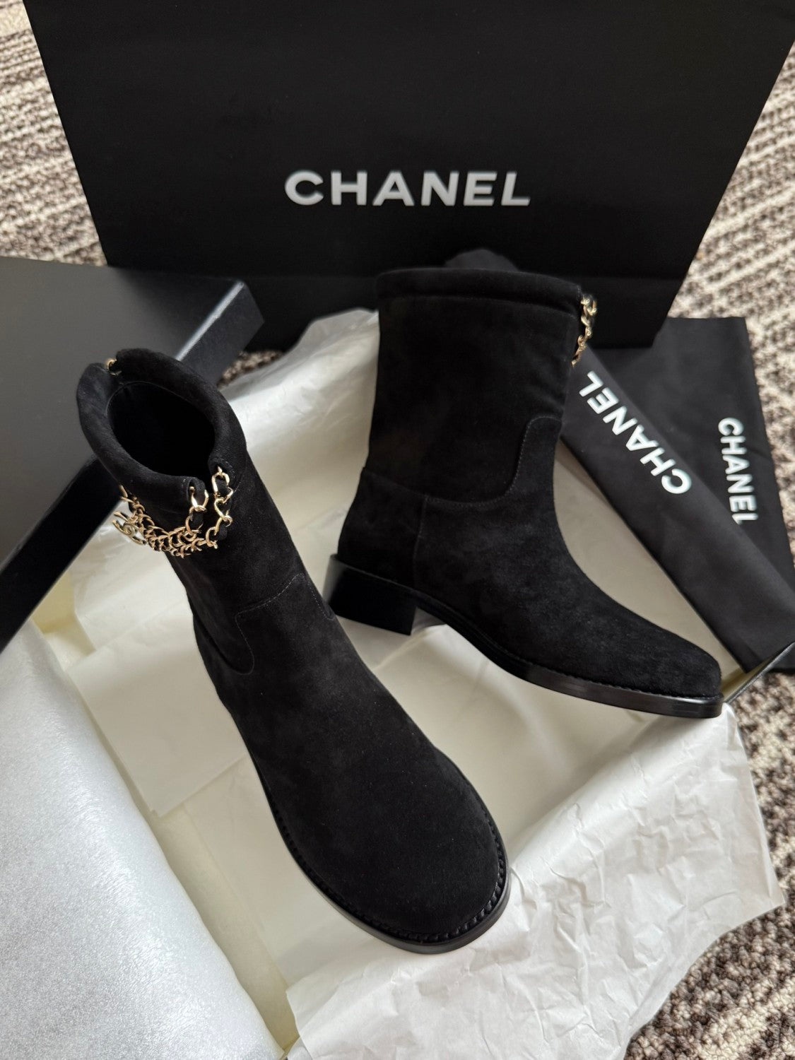Chanel Women's Fall/winter Fashion Classic Solid Color Leather Suede Round Toe Cuffed Chunky Heel Chain Pendant Ankle Boots Shoes #79218