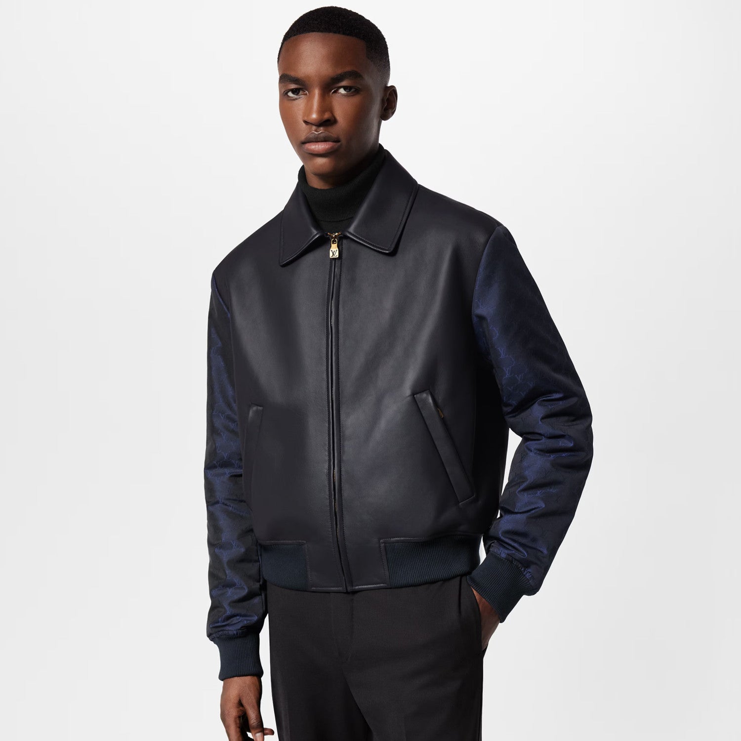 Louis Vuitton Men's Autumn and Winter Solid Color Leather Zipper Side Pocket Long Sleeve Jacket #73268